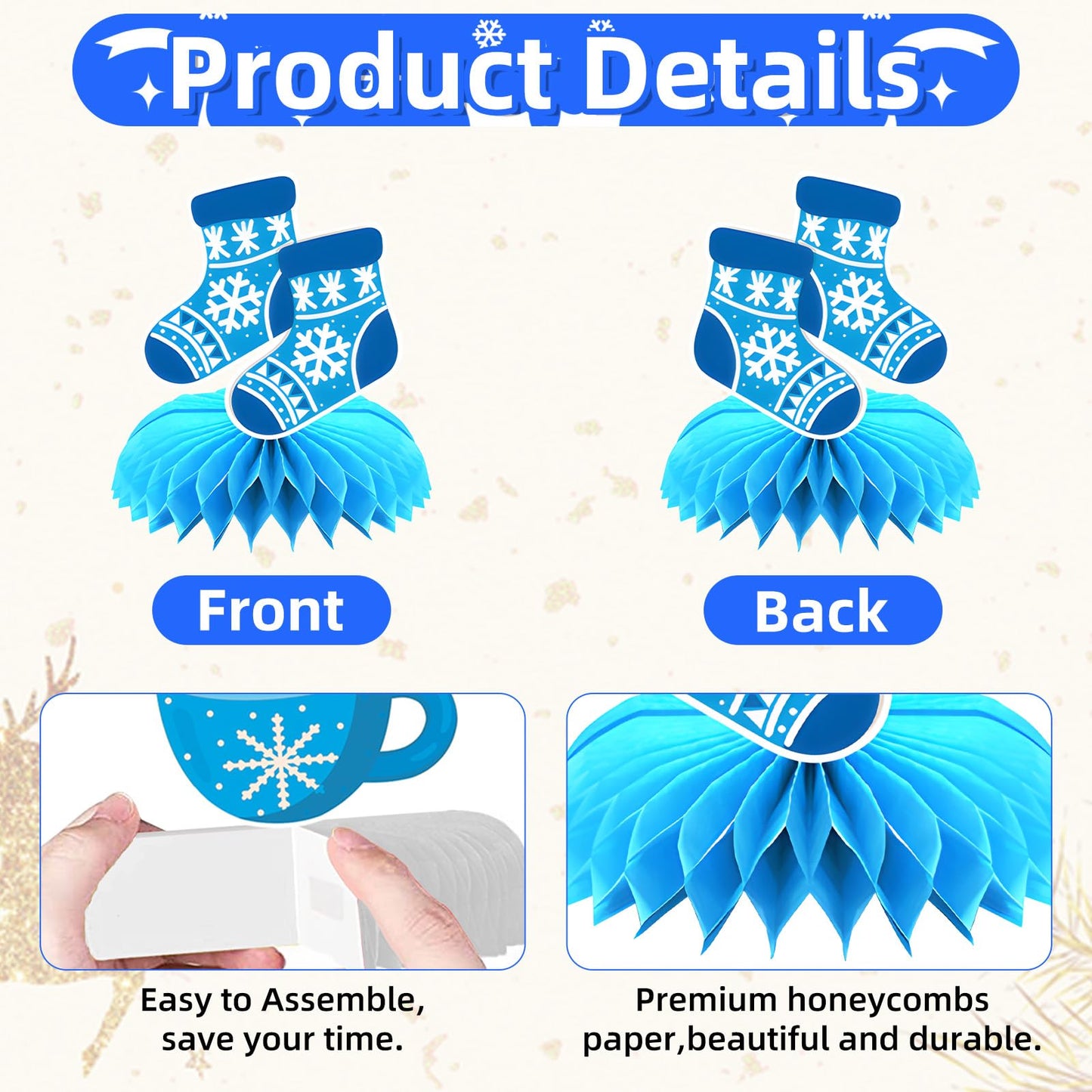 9 Pieces Winter Honeycomb Centerpieces - Let It Snow Table Decorations with Snowman, Snowflake, Hat, Scarf, Mittens, Hot Cocoa, Socks, and Gift Box
