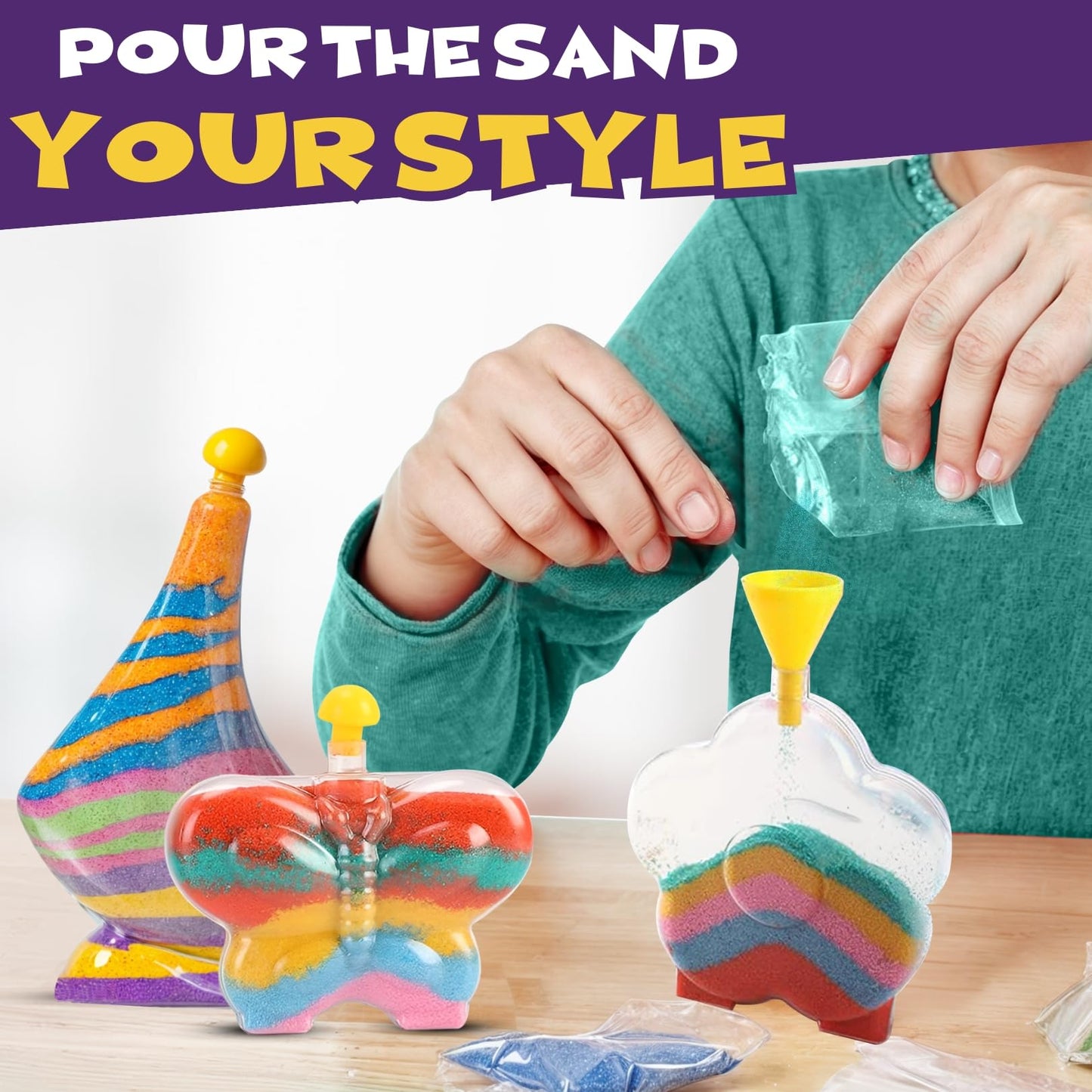 Create Your Own Magic Sand Art Glitter Activity | Glow in the Dark Colored Custom Sand Kits for Kids - Includes 12 Bottles, Funnels, Sticks, 60 Bags