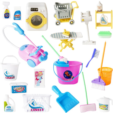 25 Pieces Miniature Doll Housework Cleaning Supplies,Mini Dollhouse Accessories Tools Mop Dustpan,Brush,Broom,Bucket,Dollhouse Furniture Decoration