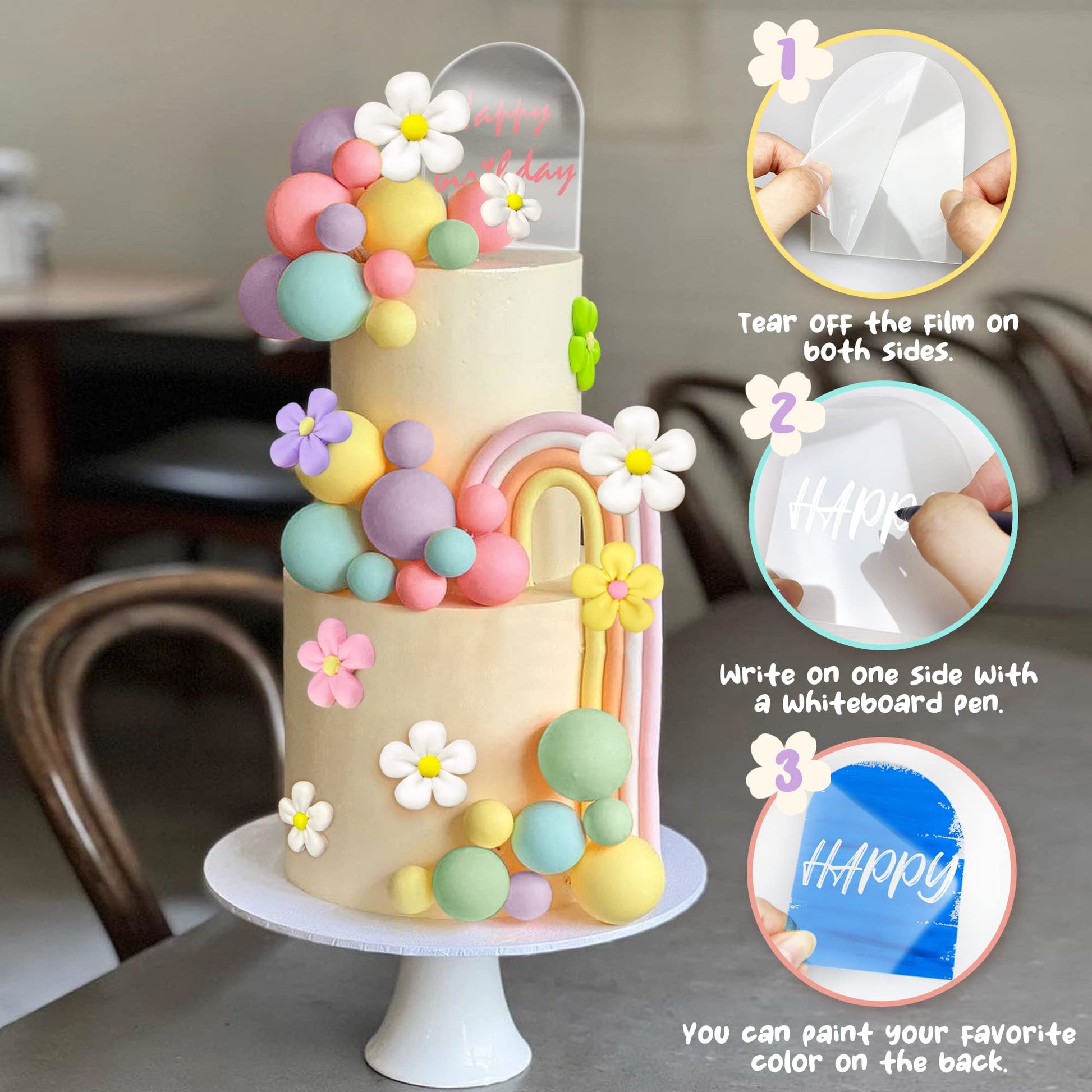 46 PCS Boho Groovy Cake Topper Mini Balls Acrylic Retro Hippie Daisy Flower Cake Topper for Wedding Party Supplies (Colorful)