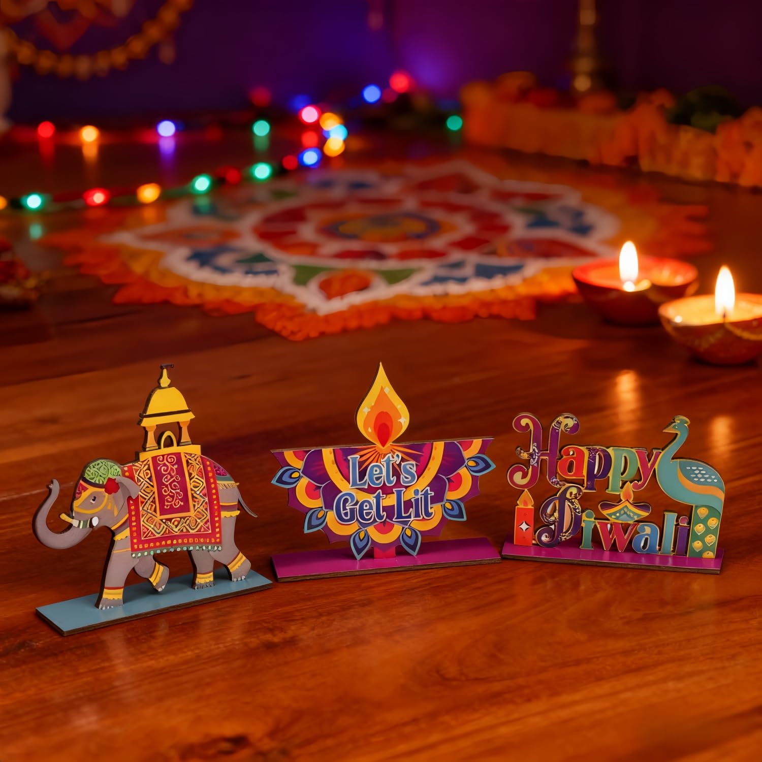 KYMY Diwali Wooden Table Decorations, 3 Pcs Deepavali Rangoli Wood Centerpieces, Festival of Lights Diyas Desktop Signs & Ornaments for Indian Hindu