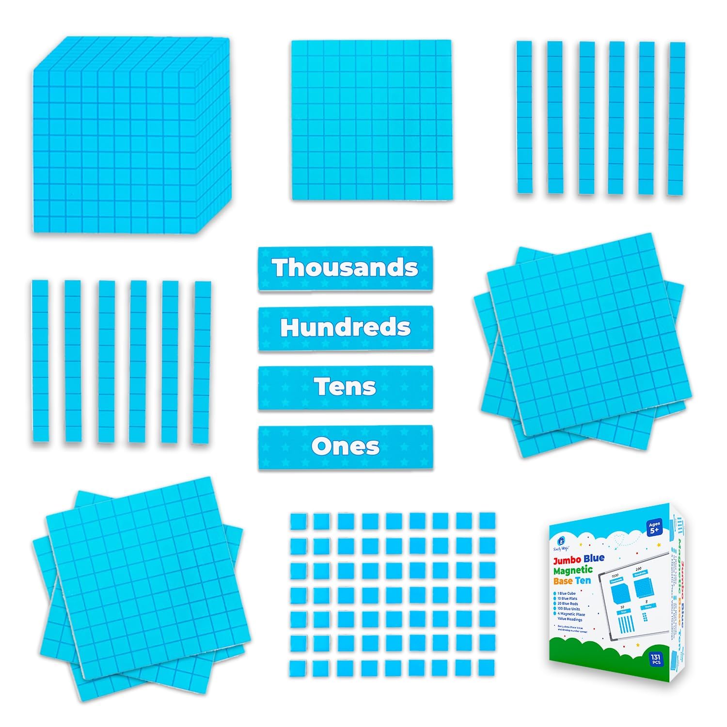 Simply magic 131+4 PCS Jumbo Blue Magnetic Base Ten Blocks for Math + Headings - Math Manipulatives, Base 10 Blocks, Place Value Manipulatives