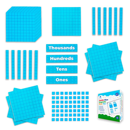 Simply magic 131+4 PCS Jumbo Blue Magnetic Base Ten Blocks for Math + Headings - Math Manipulatives, Base 10 Blocks, Place Value Manipulatives