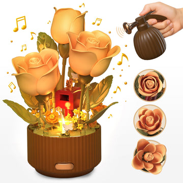 TekYetoi Magical Blooming Rose Building Set - Electric Moving Flowers Building Block with Realistic Watering Sound & LED Lights, Unique Birthday