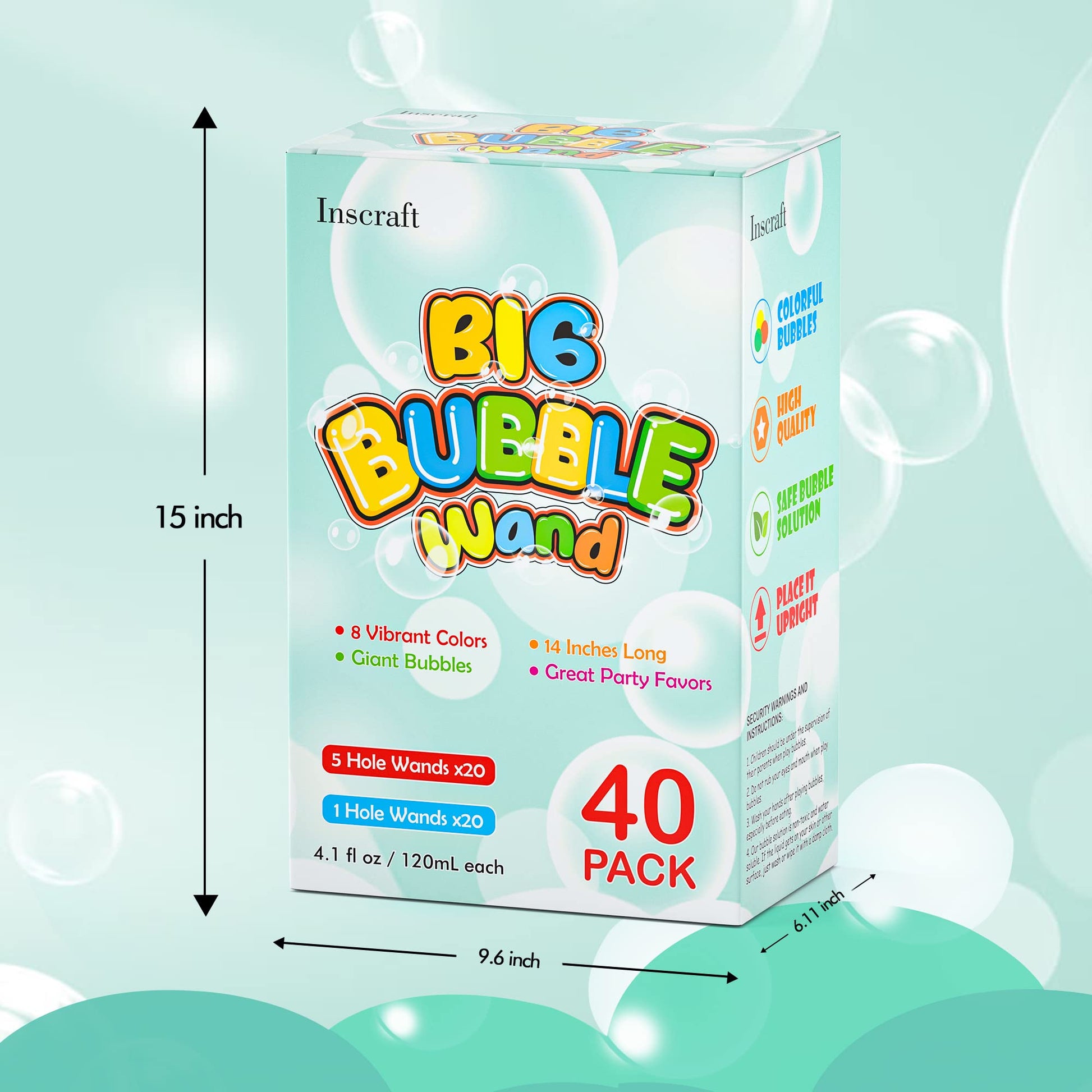 Inscraft 40 Pack 14’’ Big Bubble Wands, 8 Colors Mix Bulk for Summer Toy, Outdoor/Indoor Activity Use, Easter, Birthday, Graduation, Shower, Bubbles