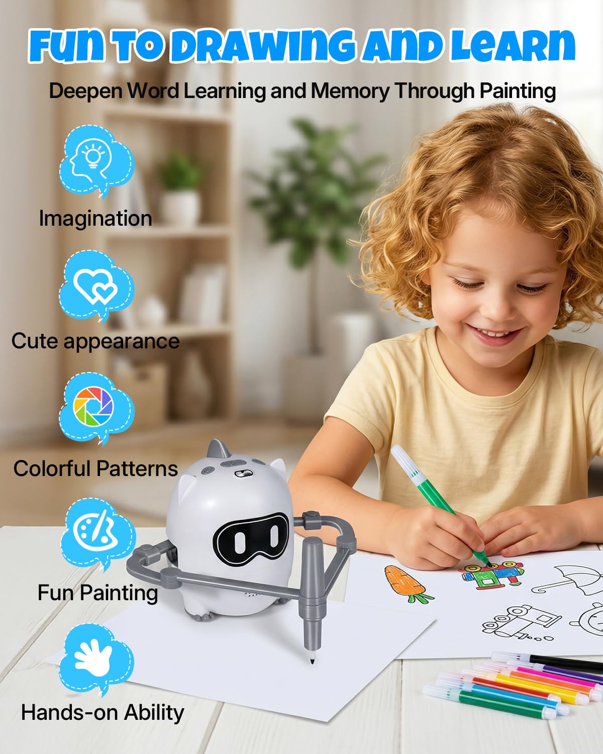 WOQWOQ Drawing Robot for Kids, Smart Scan & Music Interactive Educational Drawing Toy, with 200 Cards & 12 Color Pens, Montessori Painting Learning