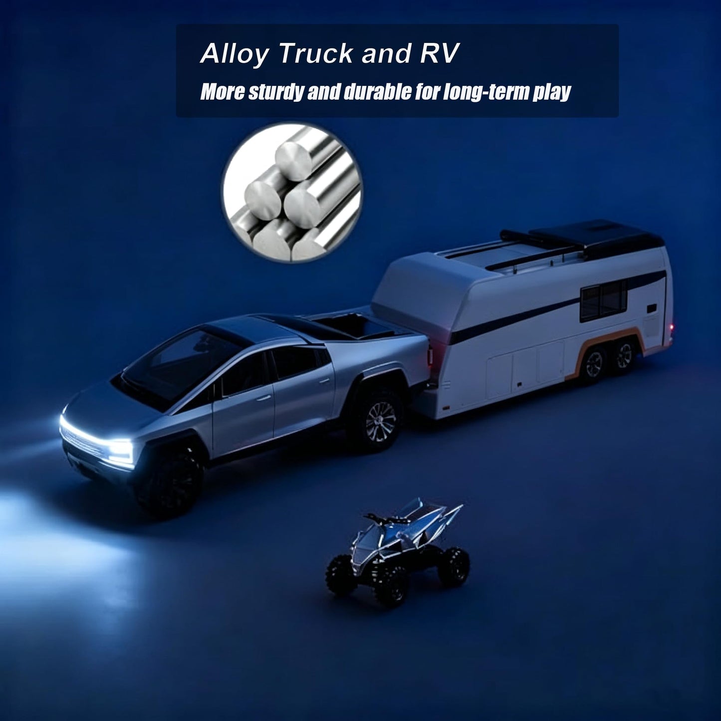 RCOOS Toy Car Alloy Truck Set with Trailer and Motorcycle Cyberpickup Toy with Sound and Light Effect Pull Back Vehicle RV Toy EV Model Ideal Gift