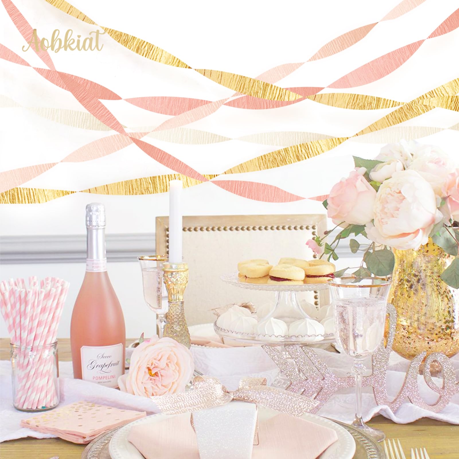 AOBKIAT Wedding Streamers Party Decorations,8 Rolls Pink Gold Crepe Paper