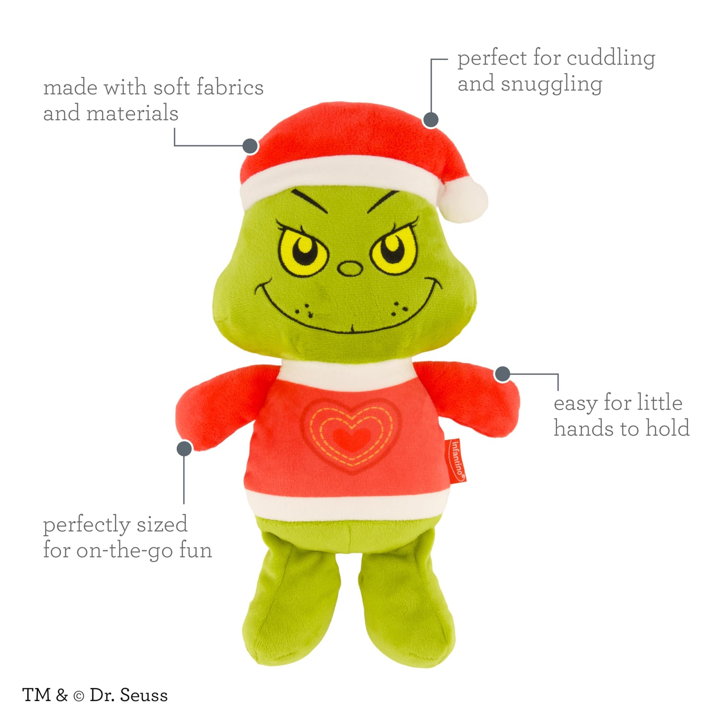 Infantino Plushy Pal The Grinch, Soft Baby Plush Toy, Stocking Stuffer