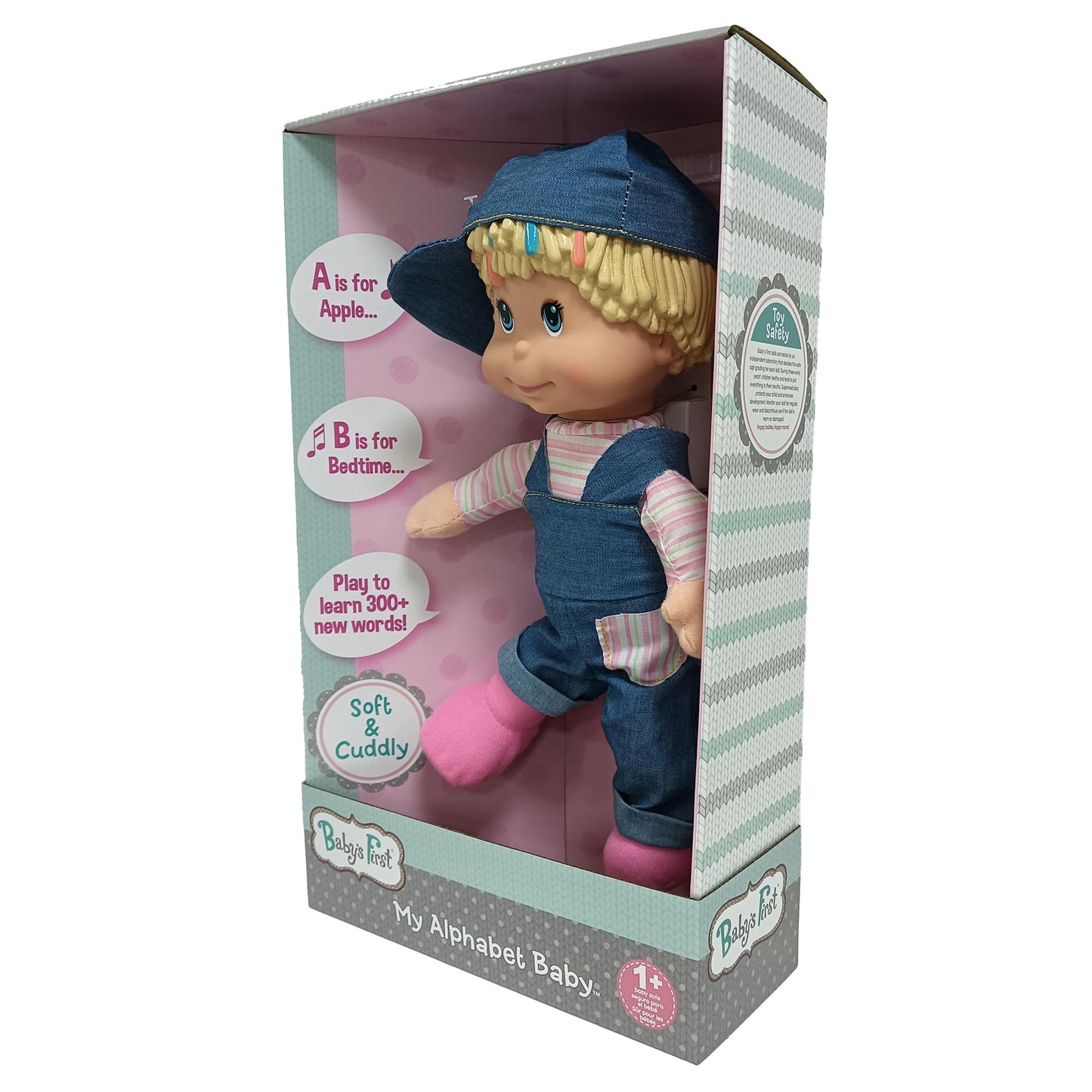 Goldberger Baby's First: My Alphabet Boy Doll - Blue Denim Overalls - Interactive Singing Musical Doll, Teaches ABC's & Fun Words, Soft Toy