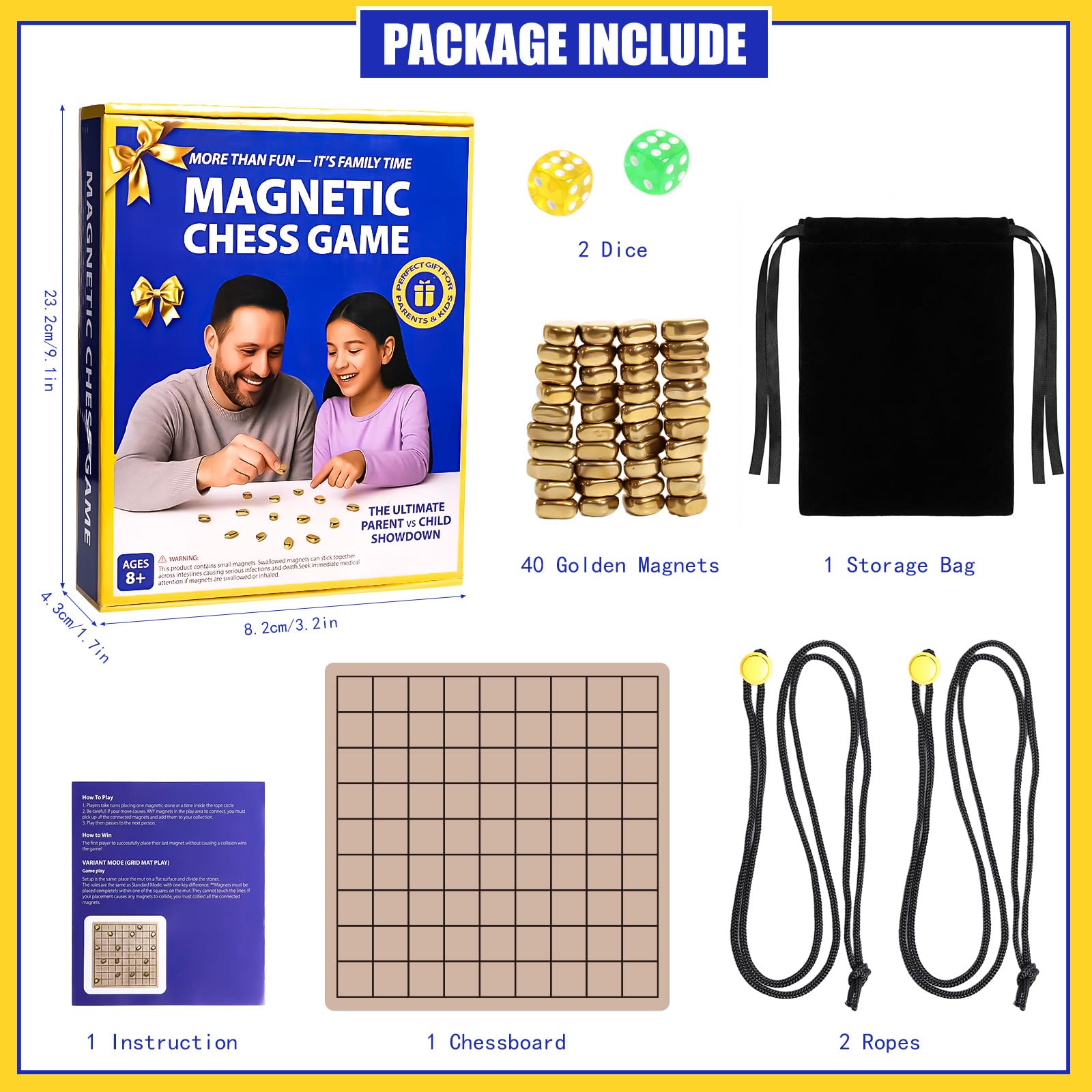 Magnetic Chess Game with Stones, Magnet Chess Game with String, 40 Magnetic Rocks, Mat, Dice and Storage Bag, Fun Magnetic Stones Game for Adults
