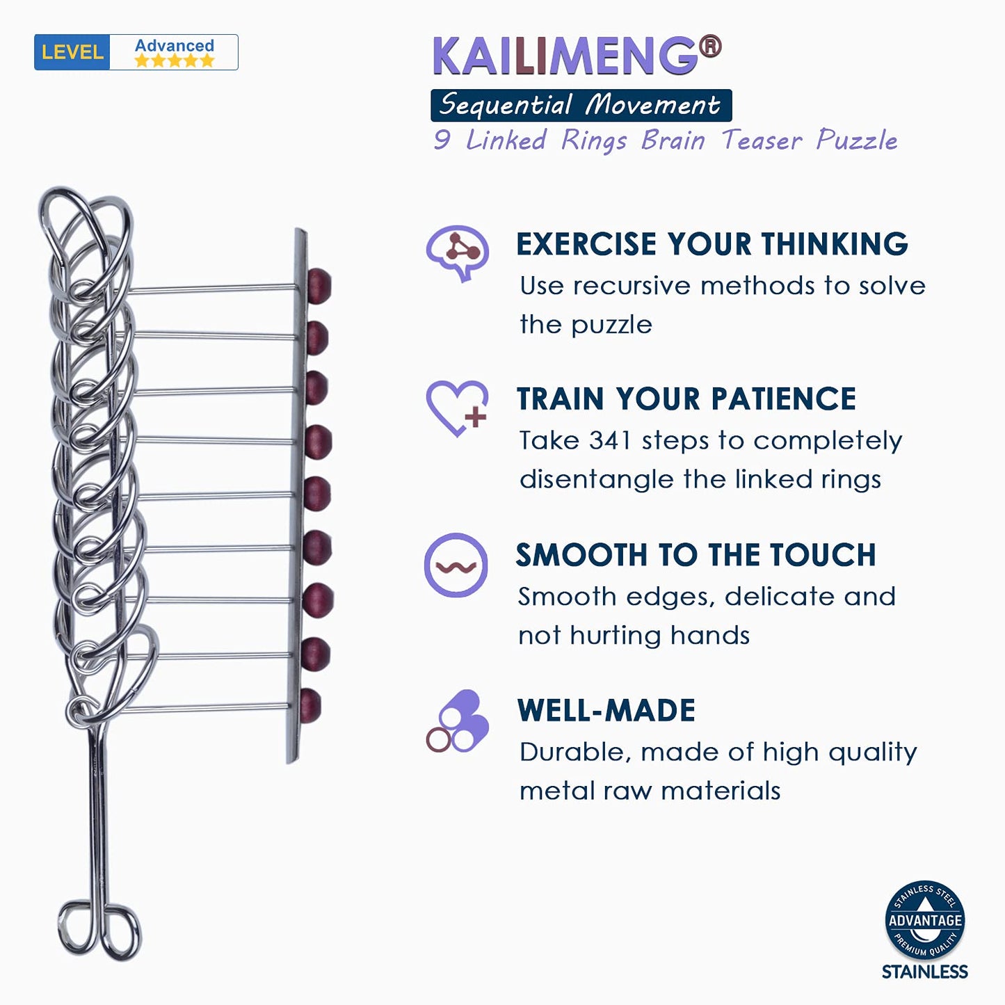 KAILIMENG 9 Linked Rings Metal Puzzle - Adult Hard Puzzle - Brain Teasers Mind Game for Adults - Classical Handheld IQ Trick Toy