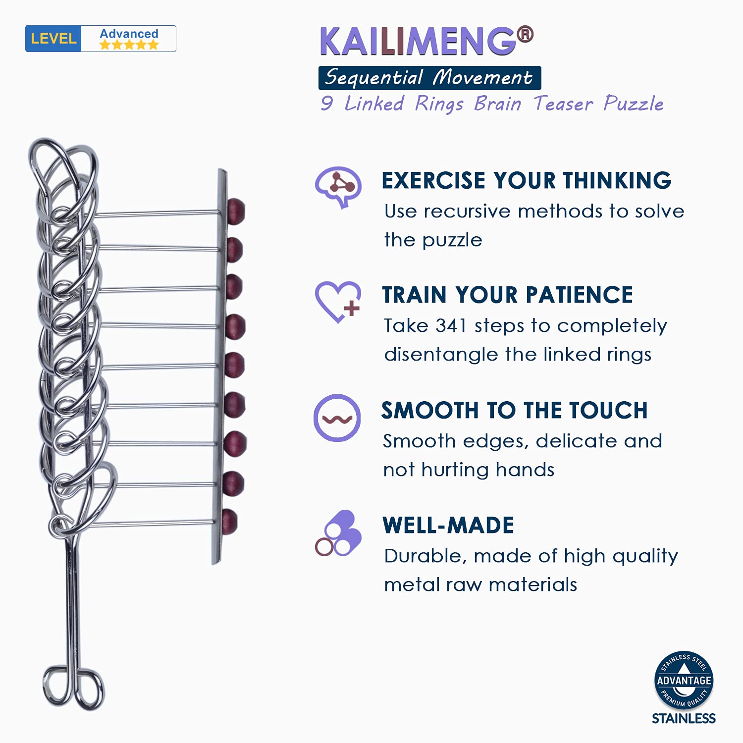 KAILIMENG 9 Linked Rings Metal Puzzle - Adult Hard Puzzle - Brain Teasers Mind Game for Adults - Classical Handheld IQ Trick Toy