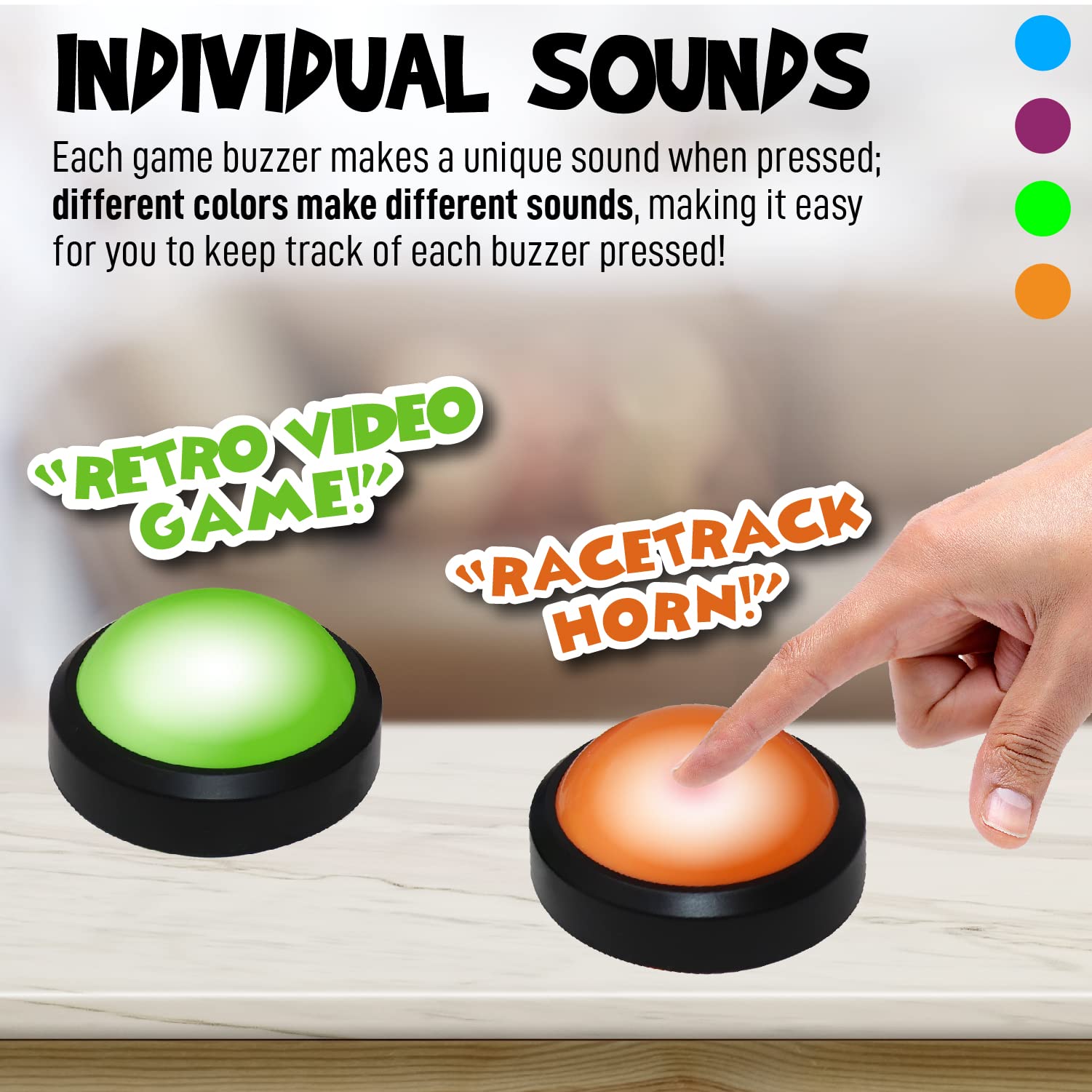 Teacher's Choice 4 Pack Light Up Game Buzzers with Unique Loud Sounds for Each Buzzer | Great for Trivia Games, Family Feud, Jeopardy, Competition