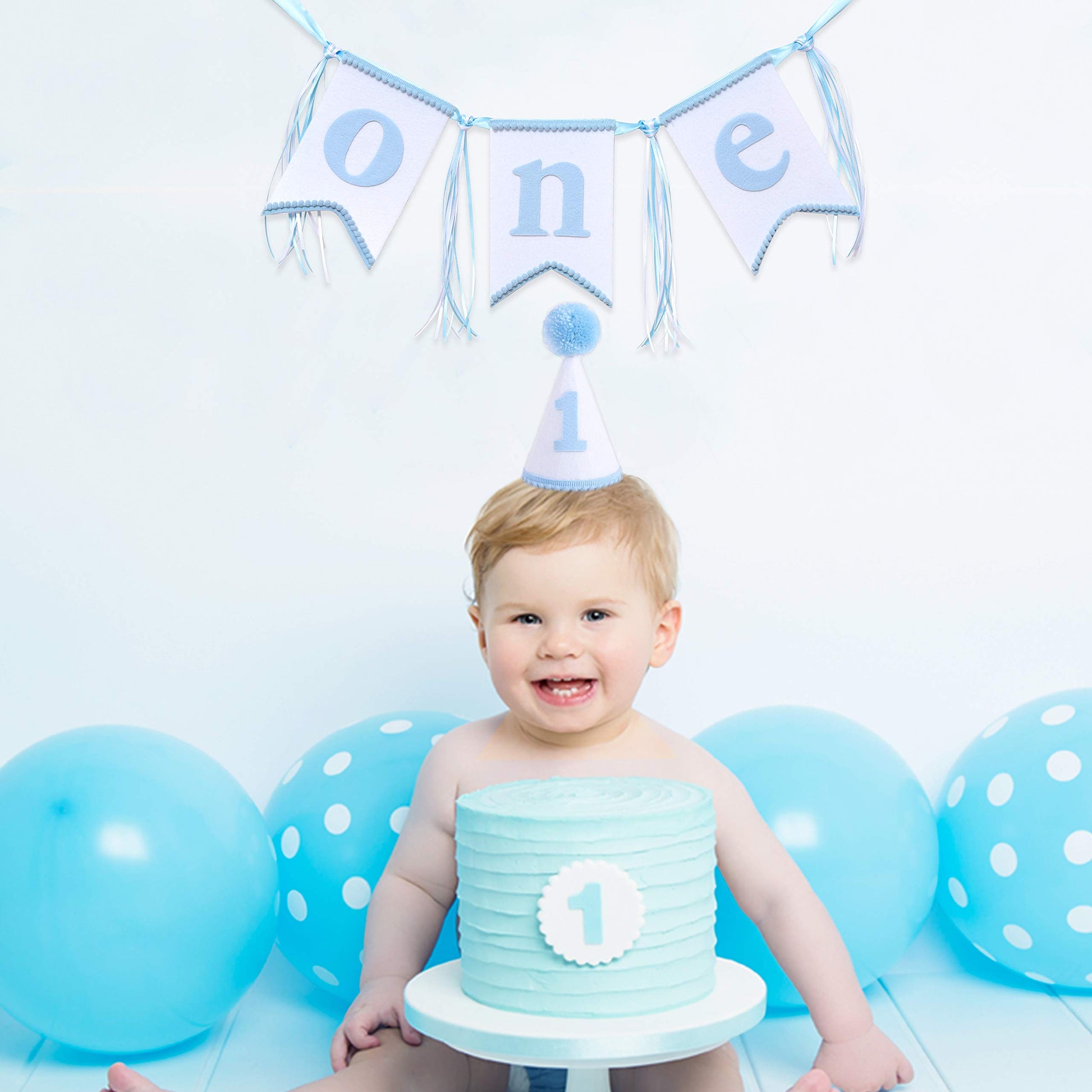WAOUH Boys 1st Birthday Hat and Highchair Banner - Blue and WHite Party Decoration (BAI LAN TAO CAN)