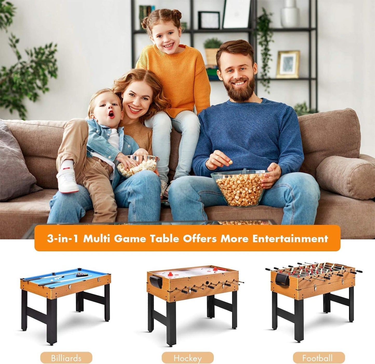 HOMGX 48" 3-in-1 Game Table, Wooden Game Table w/Football, Hockey, and Billiards, Game Size Combination Game Table for Parties, Family Nights,