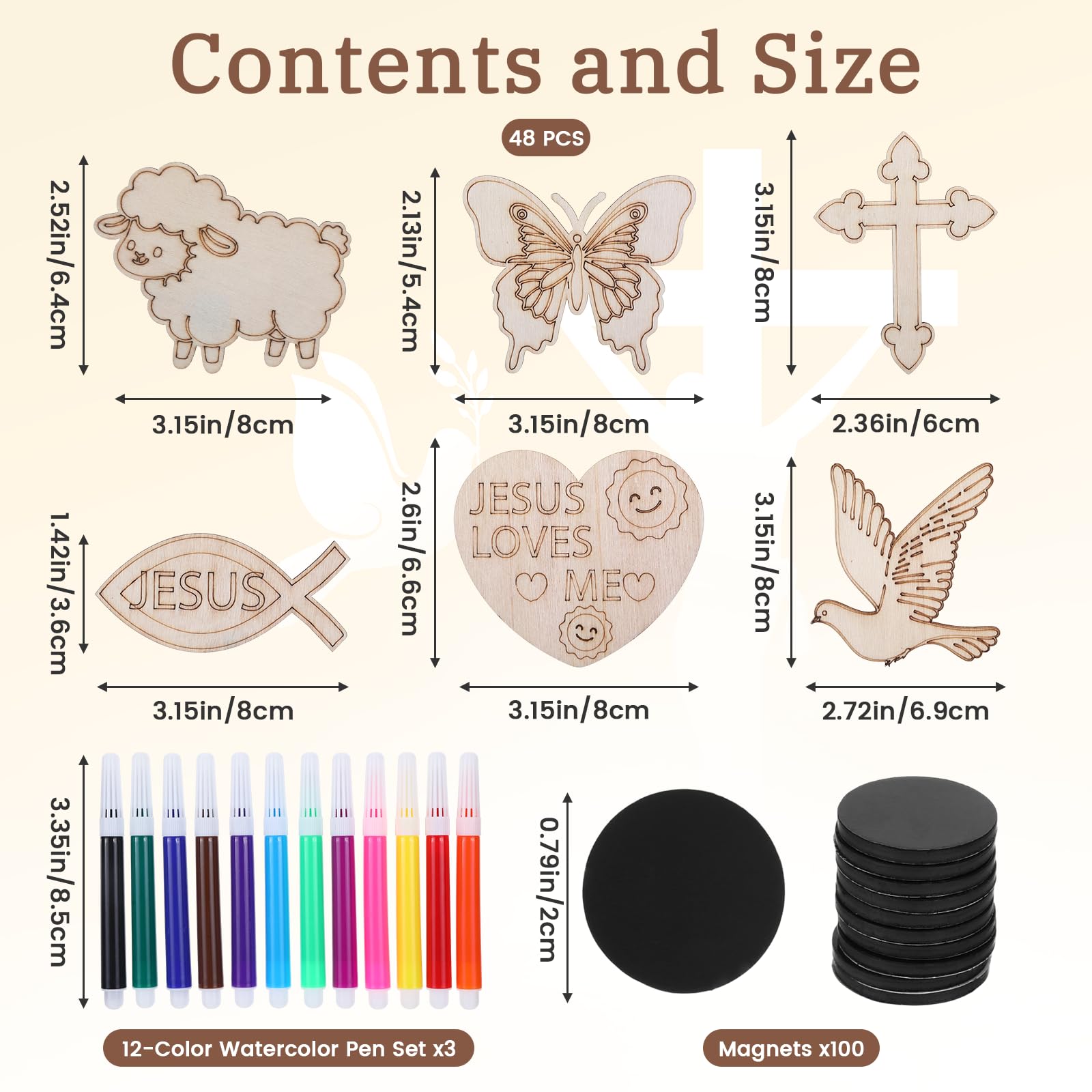 Danquanuan 48 Sets Sunday School Crafts for Kids, DIY Coloring Wooden Cutouts Magnets Watercolor Pens, Religious Gifts Christian Easter Crafts