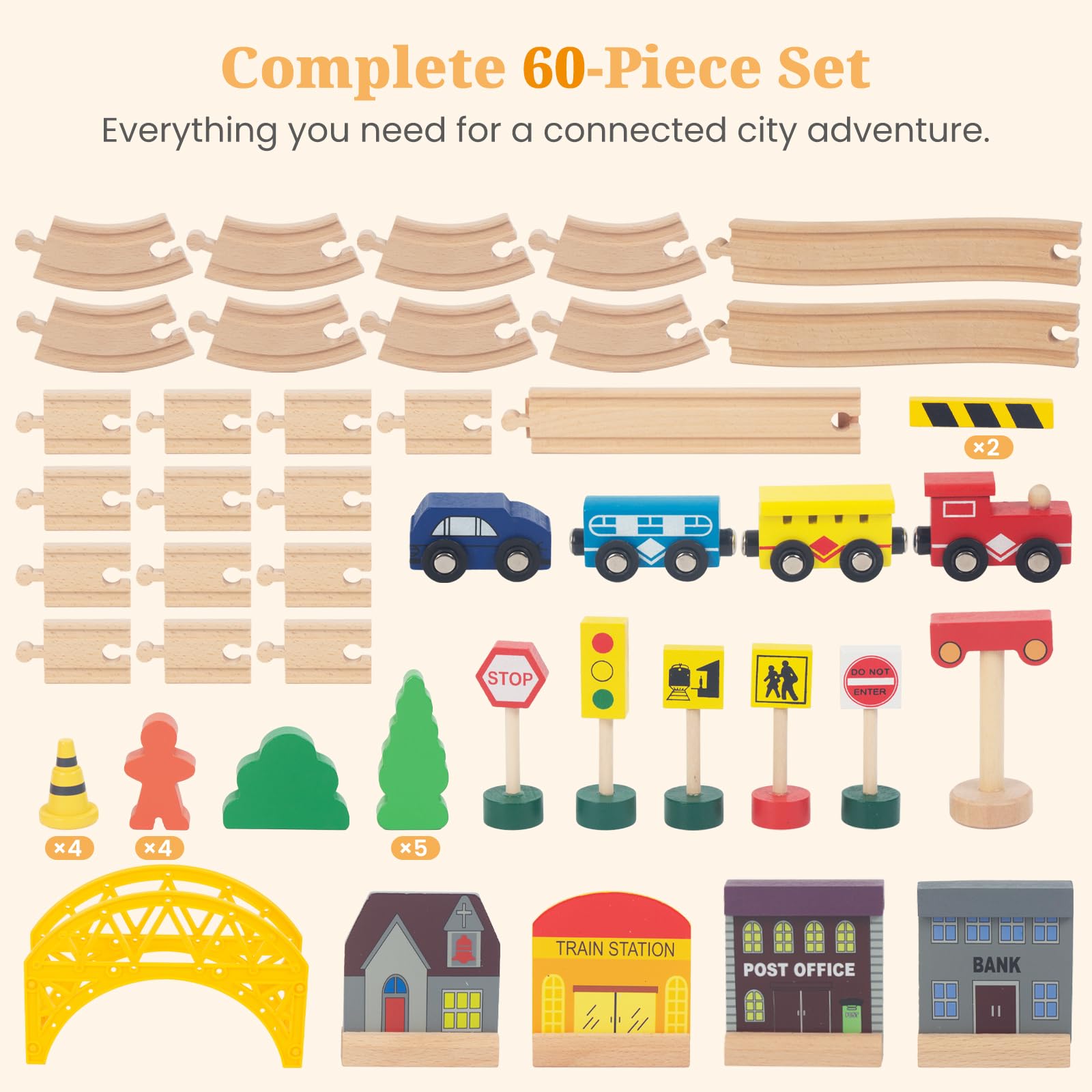60Pcs Train Set for 3 Year Old Boys, Double-Side Wooden Train Set Tracks for Toddlers, Fits Brio, Thomas, Melissa and Doug, Kids Wood Train Toys for 3