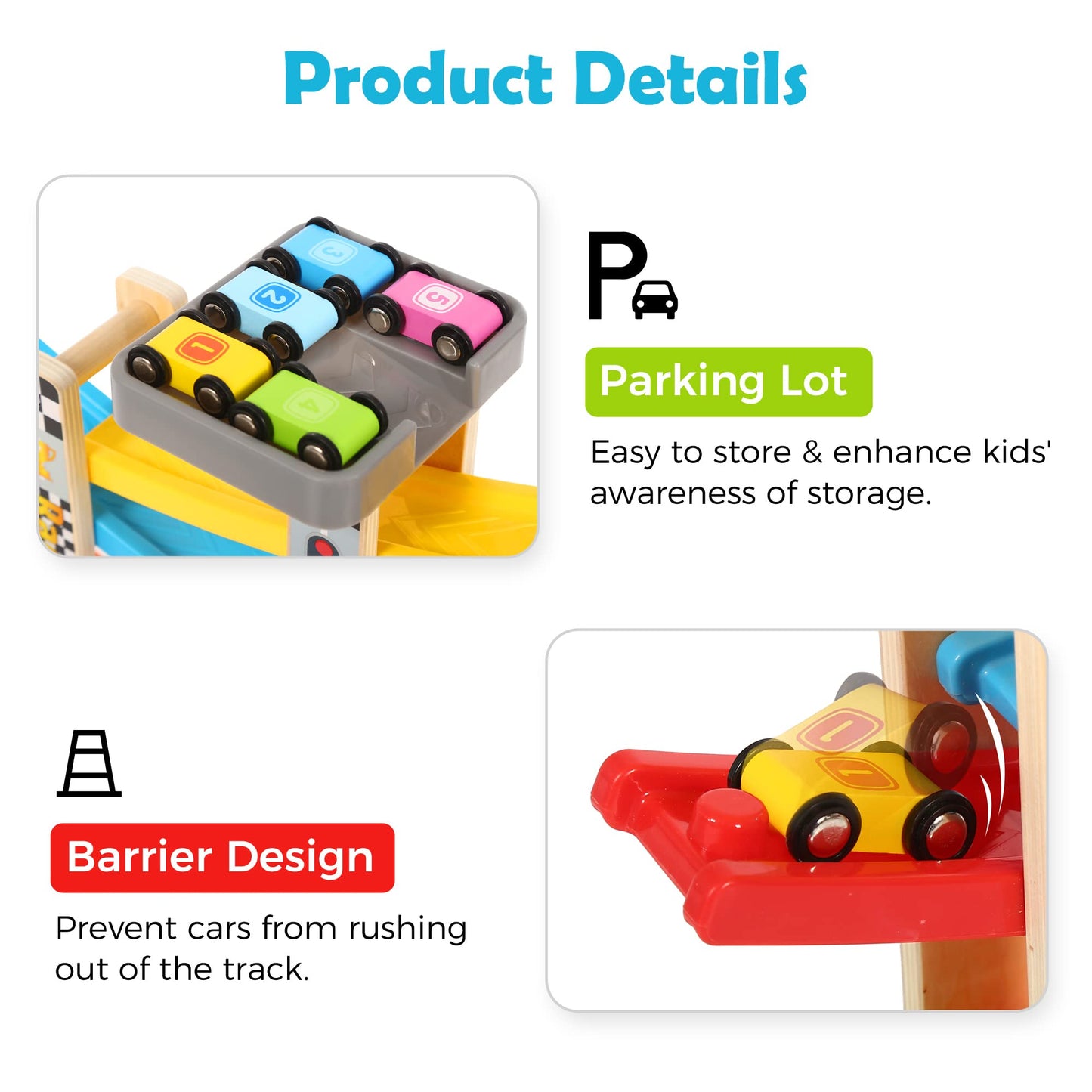 Belleur Montessori Toy for 1-3 Years Old Boys and Girls, Kid Race Track Car for Toddlers with 5 Mini Cars & 5 Ramps, Wooden Montessori Car Ramp Toy