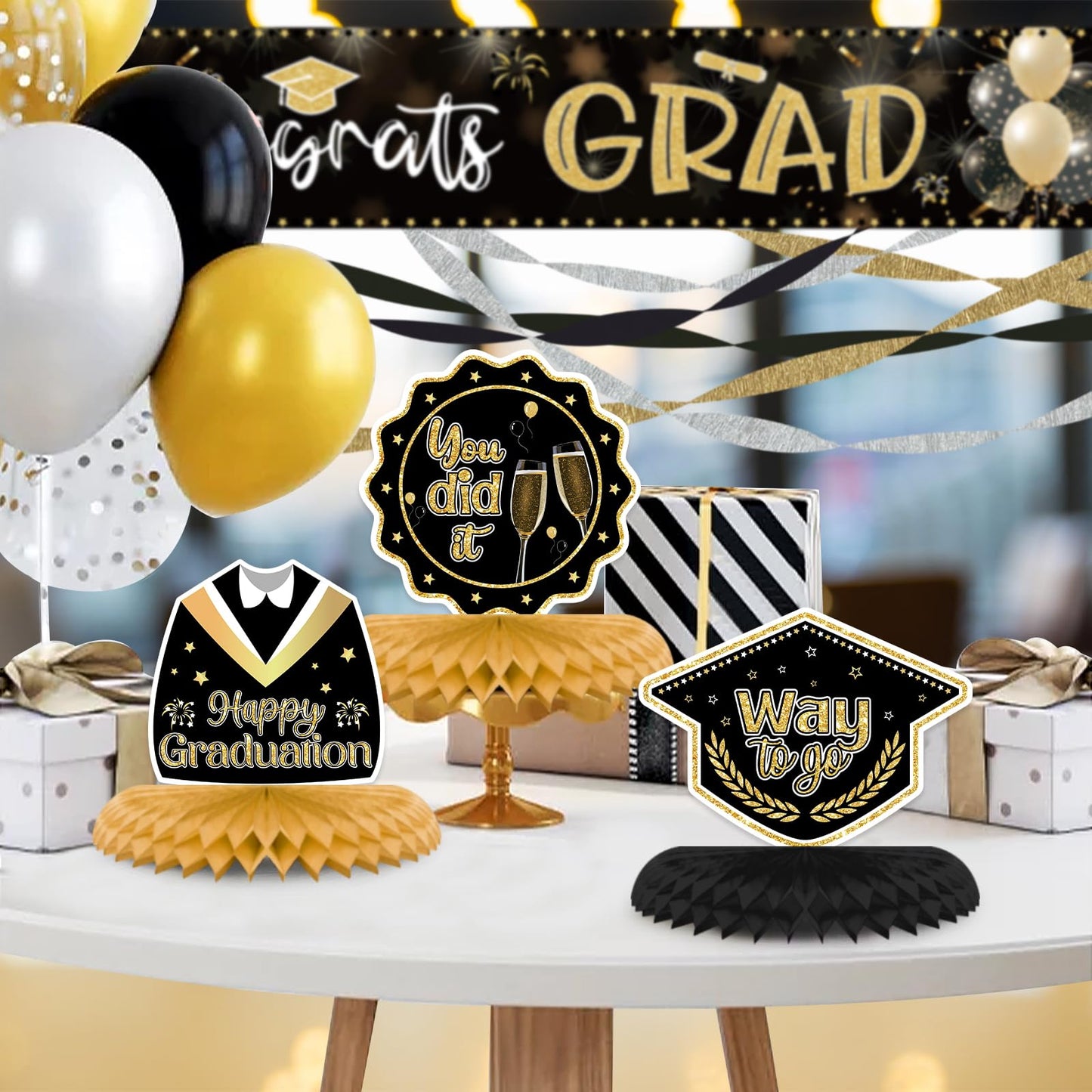 9PCS Graduation Party Decorations Class of 2025 Congrats Grad Table Centerpiece Congratulate Graduation Black and Gold Honeycomb Table Toppers