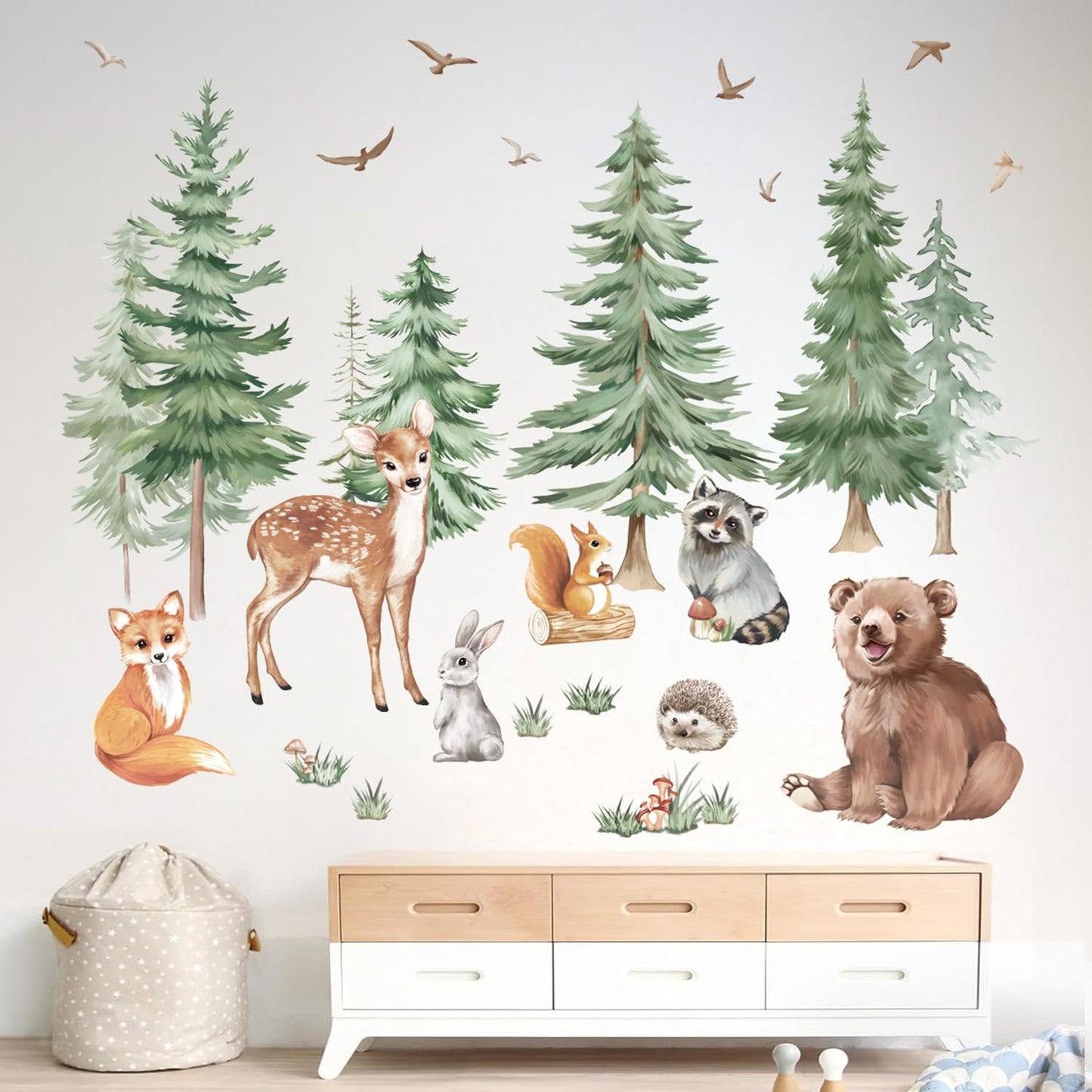 Large Mountain Tree Wall Stickers,Woodland Animal Wall Decals Include Fox,Peel,Bear for Kids Room Baby Nursery Bedroom Wall Decor