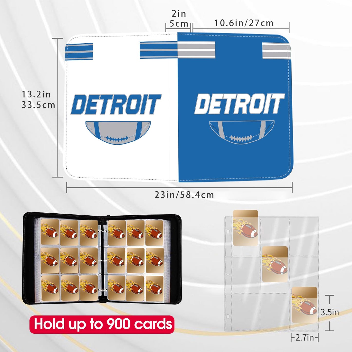 Football Card Binder with Sleeves 900 Pocket, Detroit Football Card Holder for Trading Cards Sports Card 3 Ring Binder Folder Collector Album Storage
