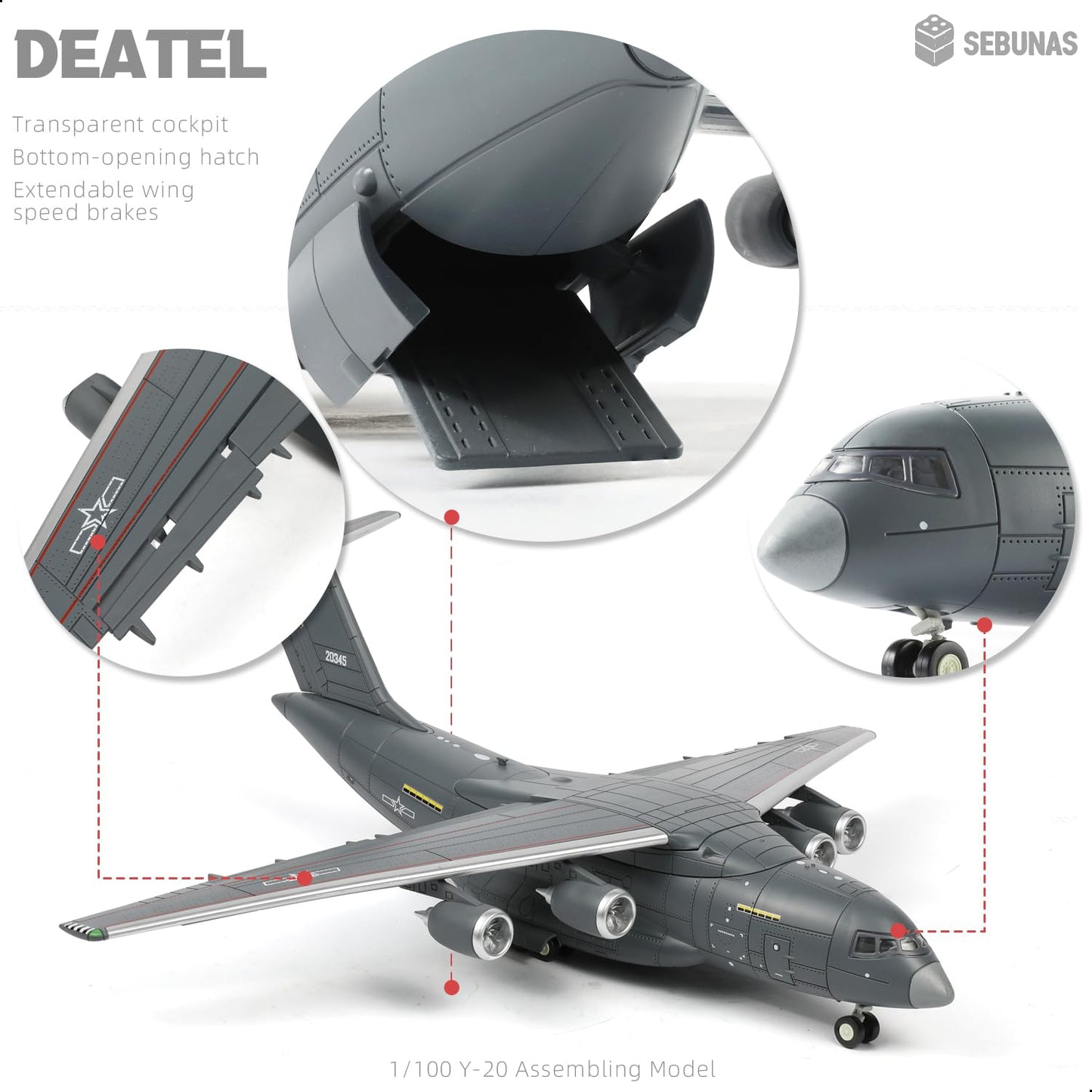 SEBUNAS 1:100 Scale Y-20 Transport Aircraft Quick Assembly Model Kit, Plastic Y-20 Fun Toy Airplane Assembly Model with Stand Kids Gift Suitable