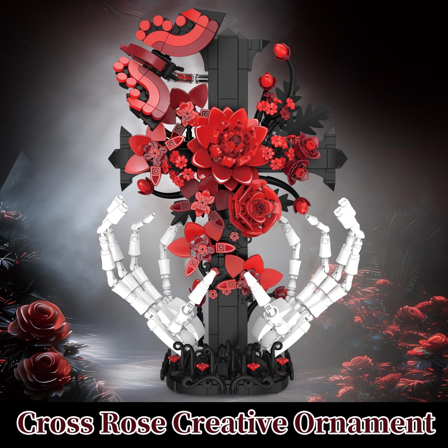 HIGH GODO Skull Flowers Rose Building Set with Skull Hand, Horror Gothic Rose Home Office Decor with Cross, Halloween Fathers Day Birthday Gifts
