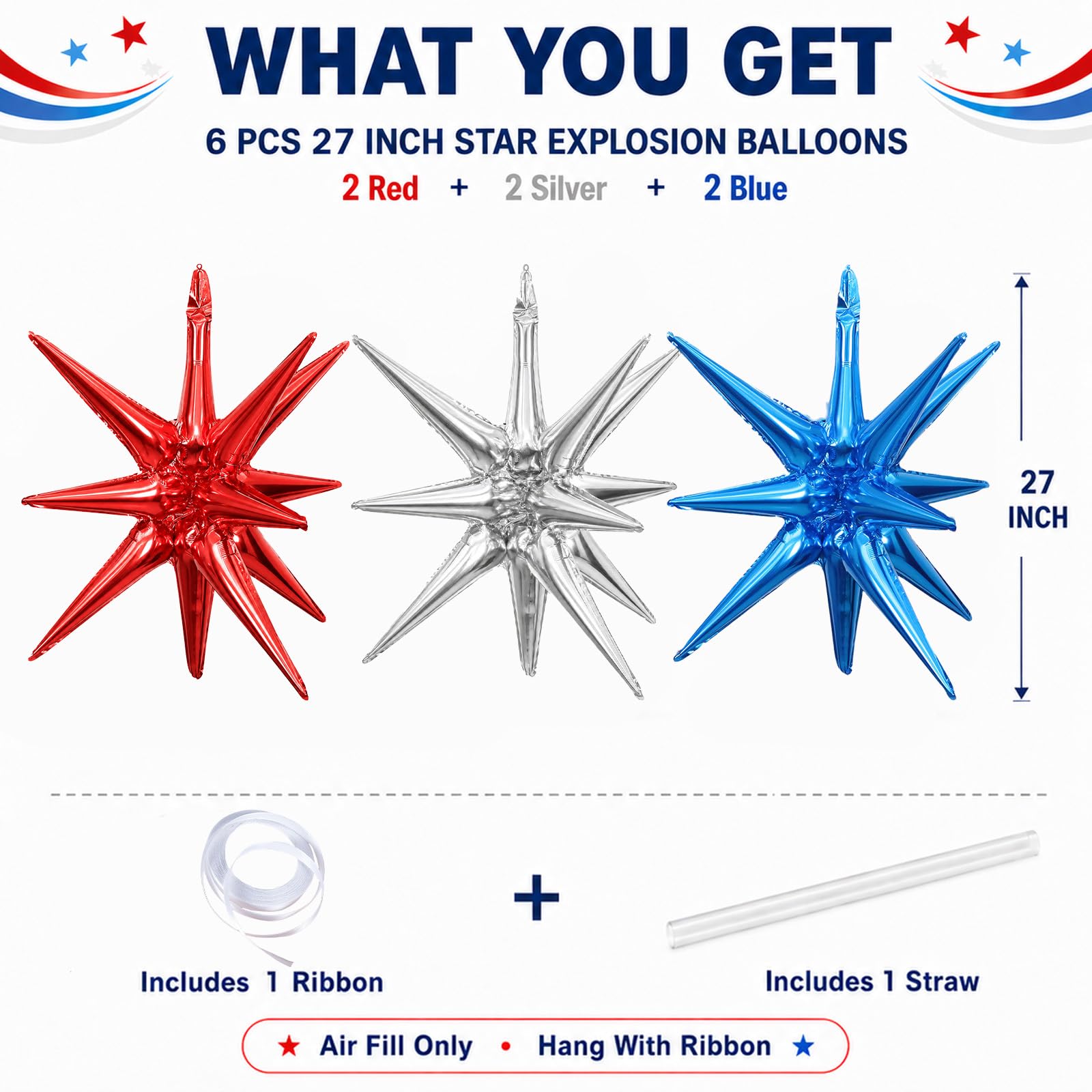 6 Pieces 27 Inches Red White Blue Star Explosion Balloons, Large 14-Pointed One-Piece Cone Stars Fireworks Aluminum Foil Balloons for 4th of July