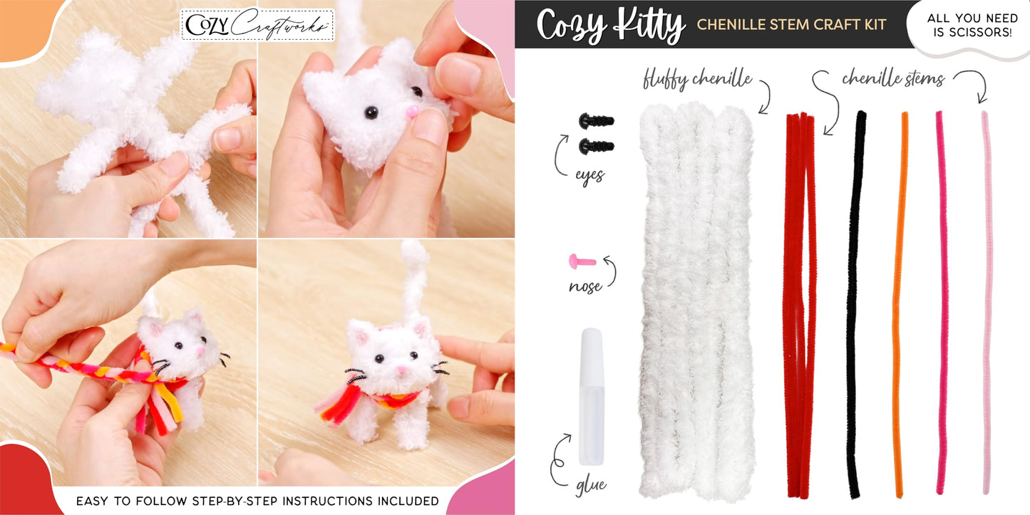 WeVeel Cozy Craftworks Chenille Stem Animal Craft Kit for Adults - Create 4 Adorable Animals (Kitty, Puppy, Bird & Owl) - Relaxing DIY Arts & Crafts