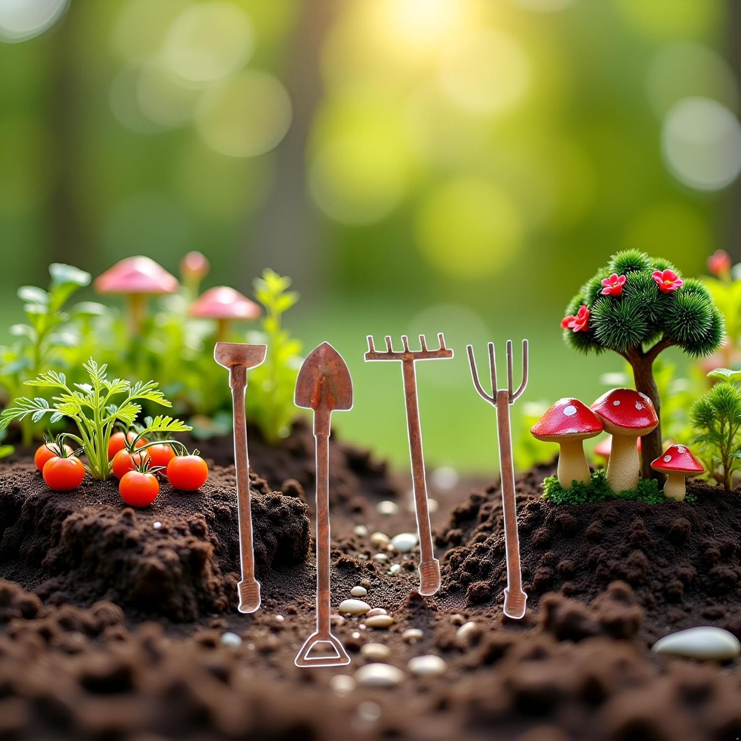 4 Pcs Miniature Dollhouse Garden Tools 1:12 Mini Rusty Shovel Hoe and Pitchfork Fairy Garden Accessories Furniture Ornaments Micro Landscape Decor