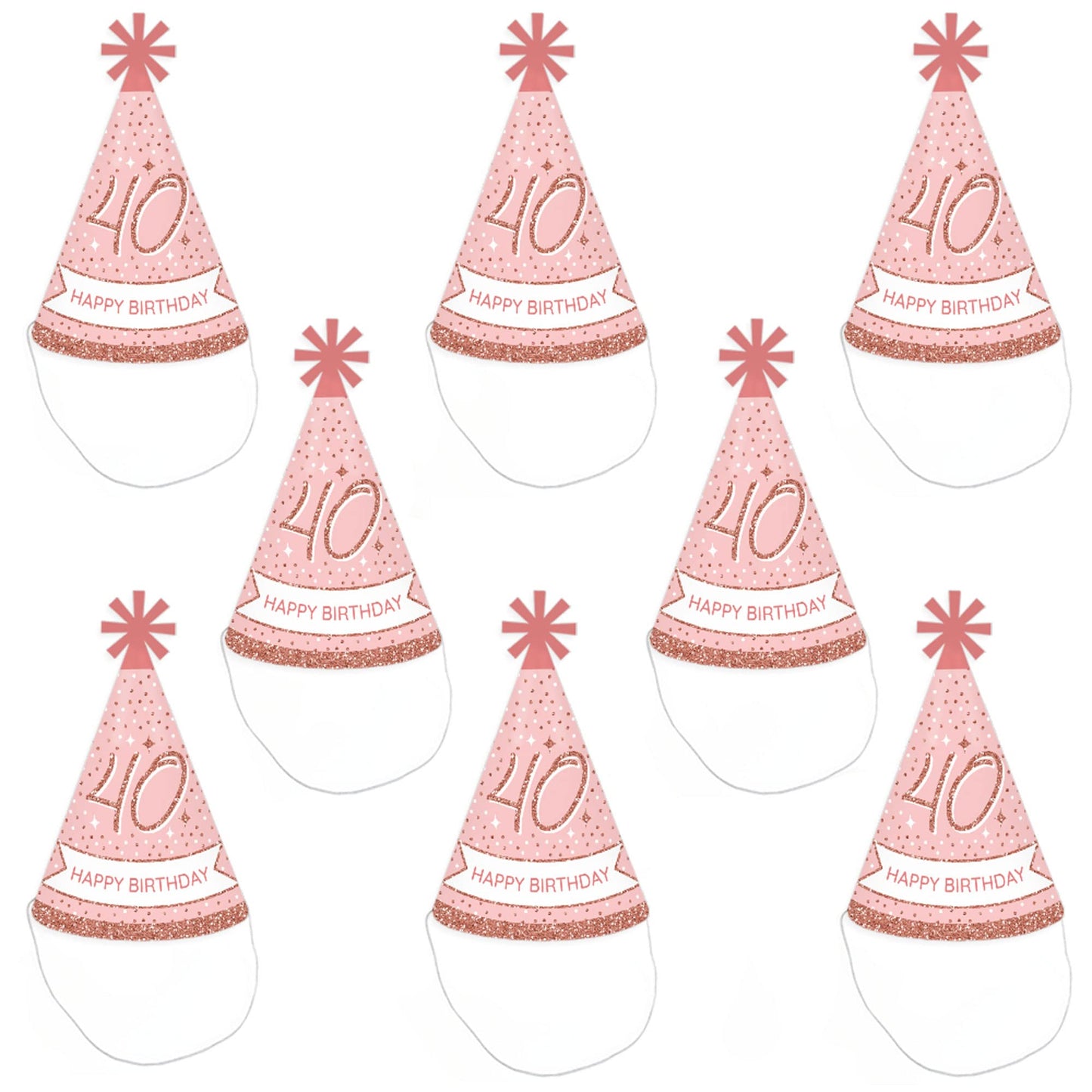 Big Dot of Happiness 40th Pink Rose Gold Birthday - Cone Happy Birthday Party Hats for Kids and Adults - Set of 8 (Standard Size)