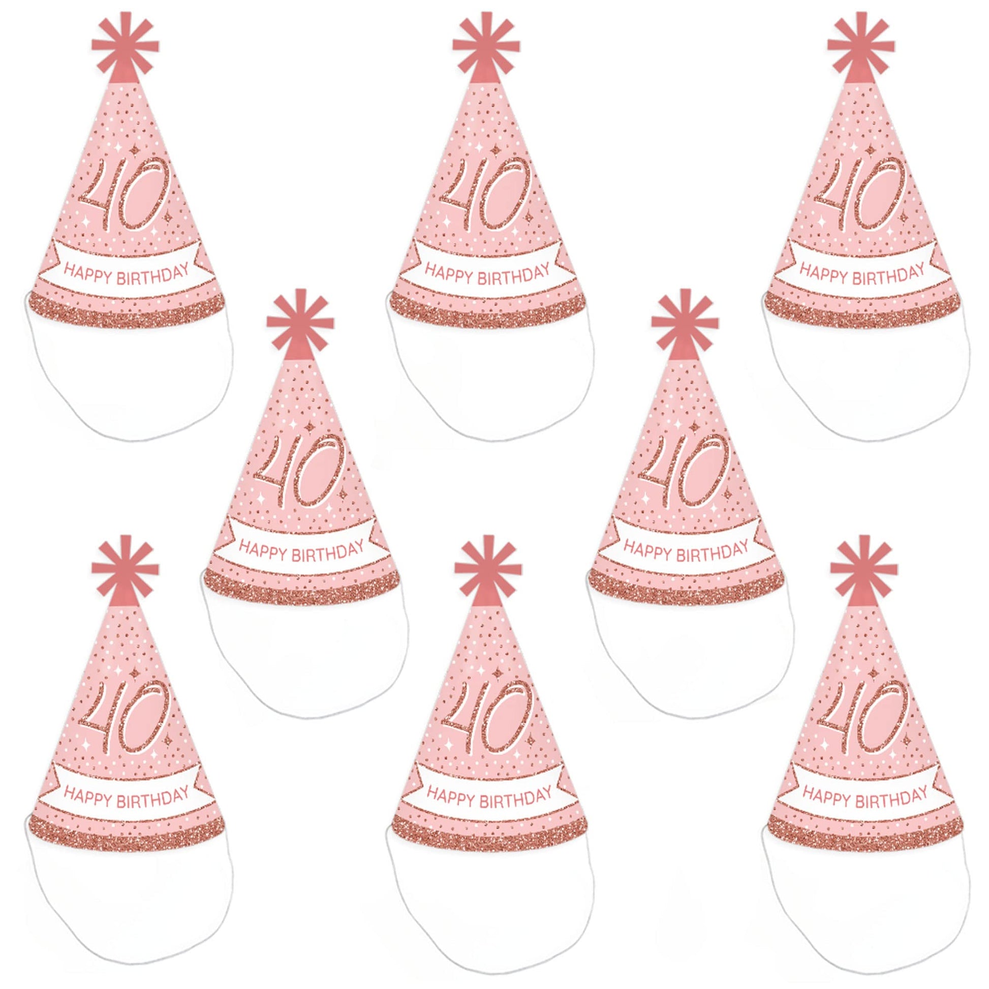 Big Dot of Happiness 40th Pink Rose Gold Birthday - Cone Happy Birthday Party Hats for Kids and Adults - Set of 8 (Standard Size)