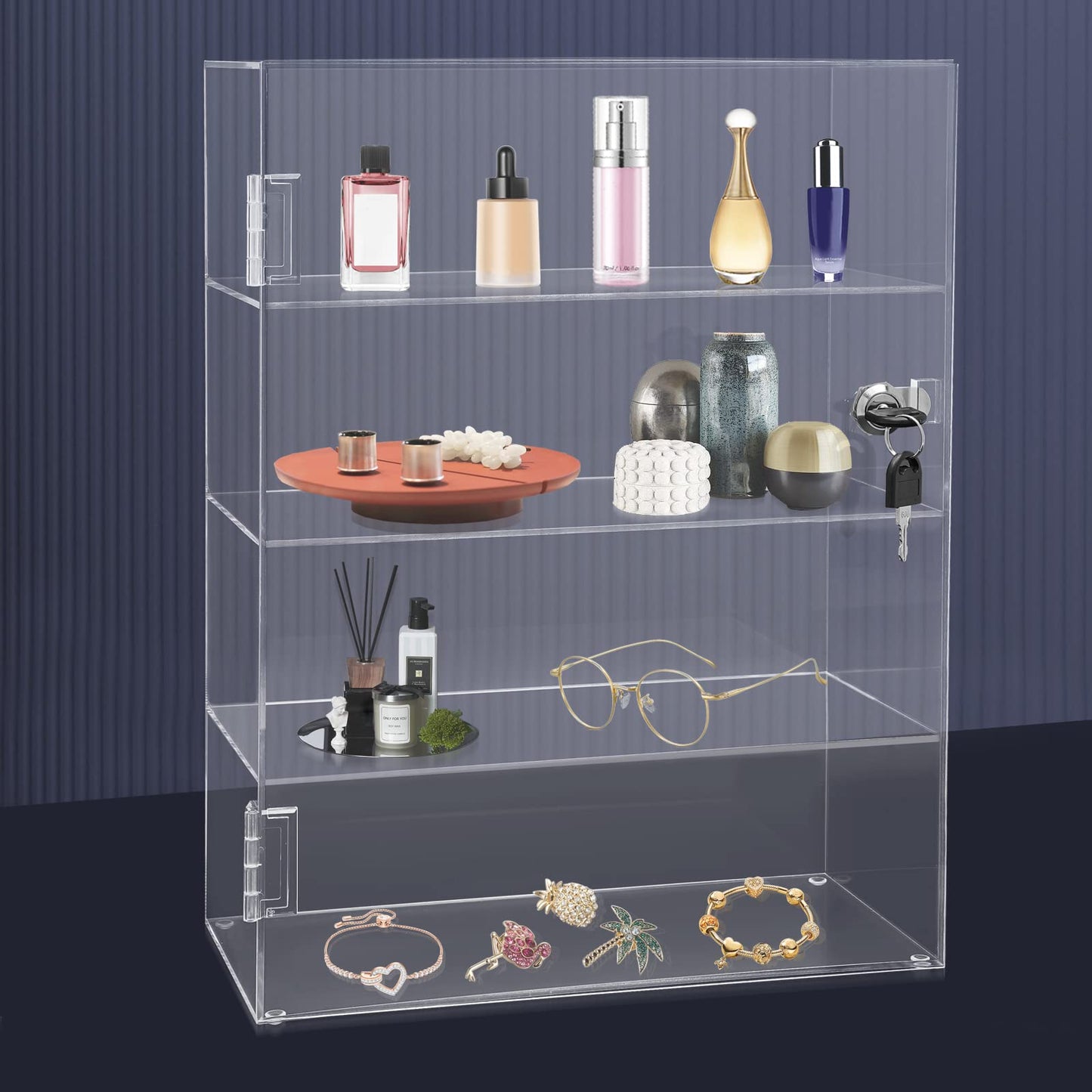 Locking Display Case,Showcase Display Cabinet,4-Tier Acrylic Display Case with Lock Key,Clear Countertop Cabinet, for Home, Stores
