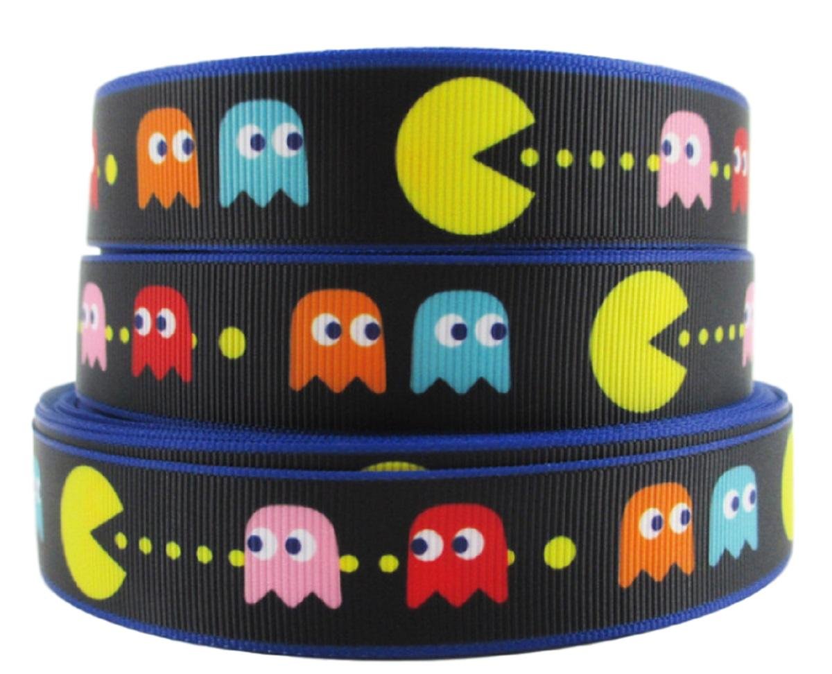 Generic Branding 1 Inch Wide Repeat Ribbon (1 Yard) - White Polyester - Classic Arcade Game - Cartoon Pattern