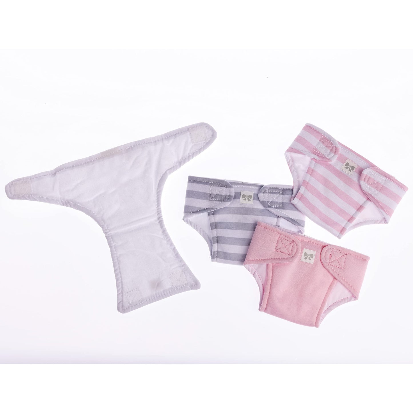 JC Toys Baby Doll 4 Pack Fabric Diapers | Washable, Reusable, Adjustable Eco Diapers | Fits Dolls 14 to 18 inch in Pink/White/Grey