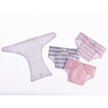 JC Toys Baby Doll 4 Pack Fabric Diapers | Washable, Reusable, Adjustable Eco Diapers | Fits Dolls 14 to 18 inch in Pink/White/Grey
