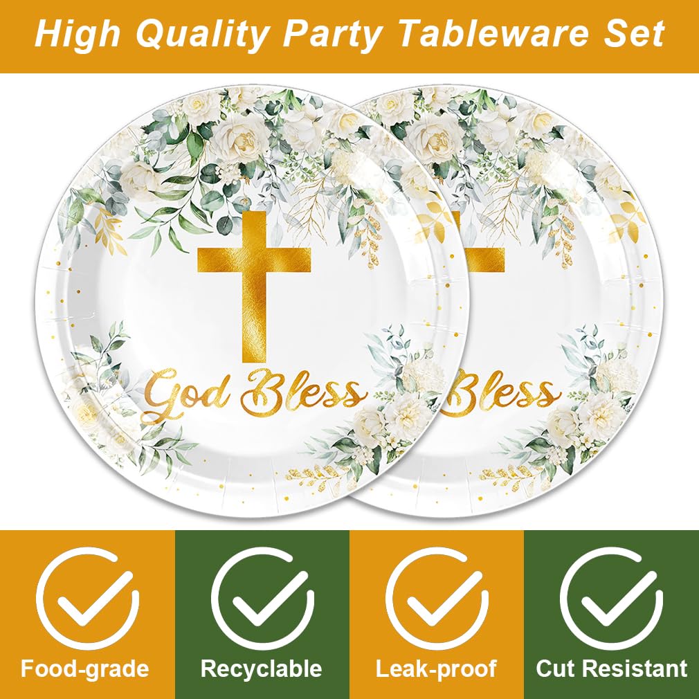 Frypeas 40Pcs God Bless Party Decorations Tableware Supplies 20 Plates and 20 Napkins for God Bless Baptism Party Decoration Serve 20 Guests