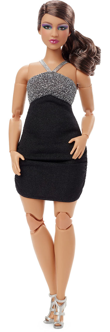 Barbie Looks Fashion Doll with Wavy Brown Hair & Curvy Body Type Wearing Silvery & Black Halter Dress, Collectible with Posable Made to Move Body