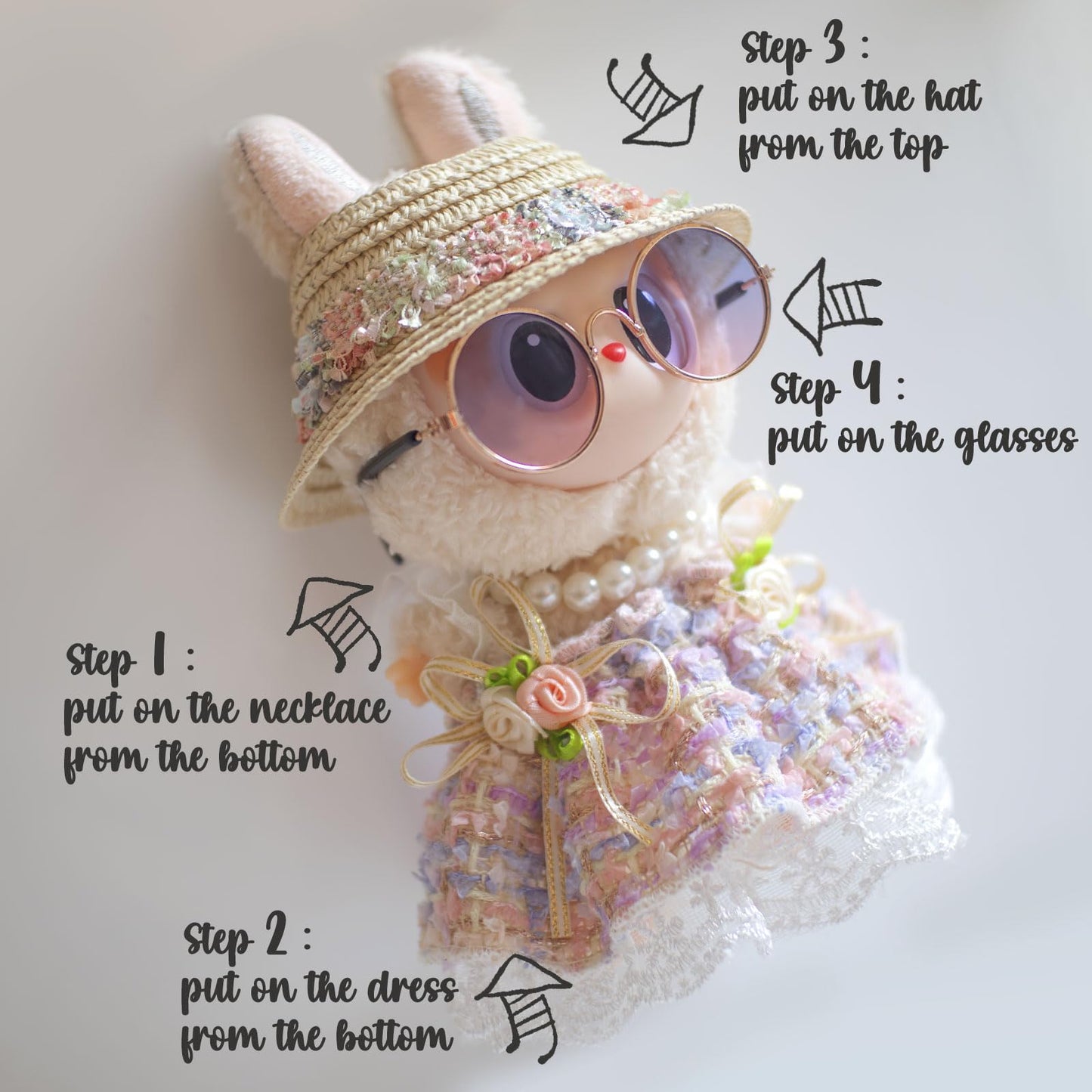 for Labubu Clothes Romantic Style Dresses, for Labubu Outfits with Glasses, Hat, Necklace Bundle for 17cm/6.7in Doll (No Doll)