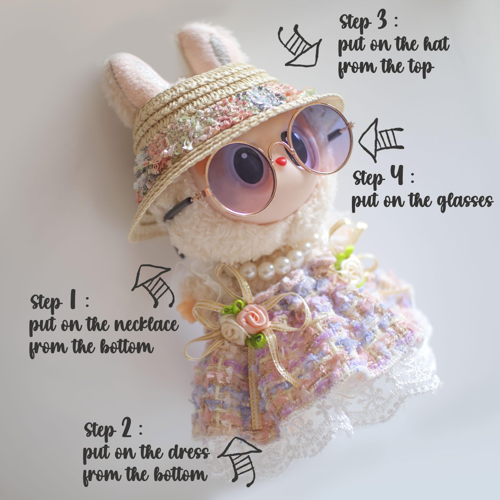 for Labubu Clothes Romantic Style Dresses, for Labubu Outfits with Glasses, Hat, Necklace Bundle for 17cm/6.7in Doll (No Doll)