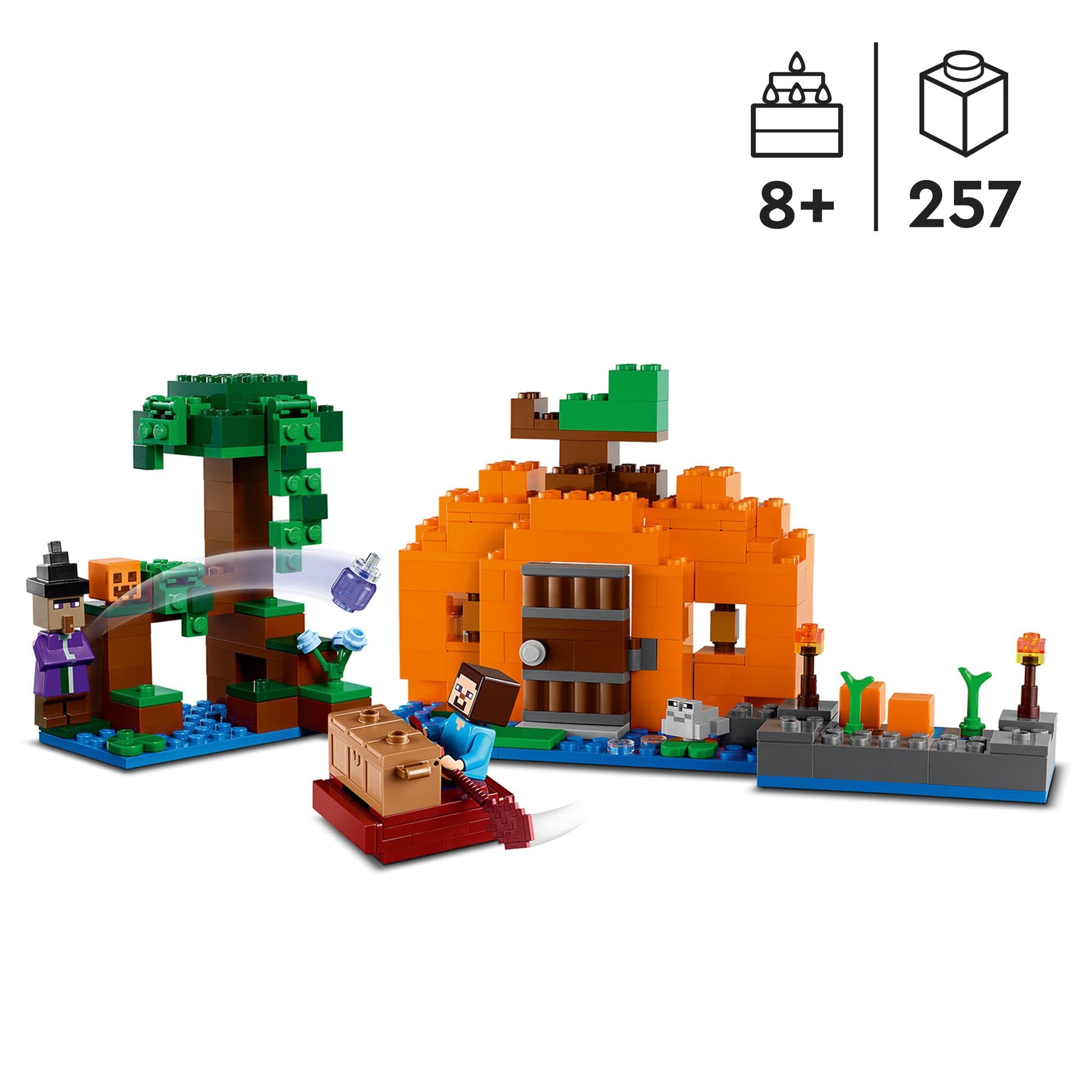 Lego Minecraft The Pumpkin Farm 21248 Building Toy, Hands-on Action in The Swamp Biome Featuring Steve, a Witch, Frog, Boat, Treasure Chest