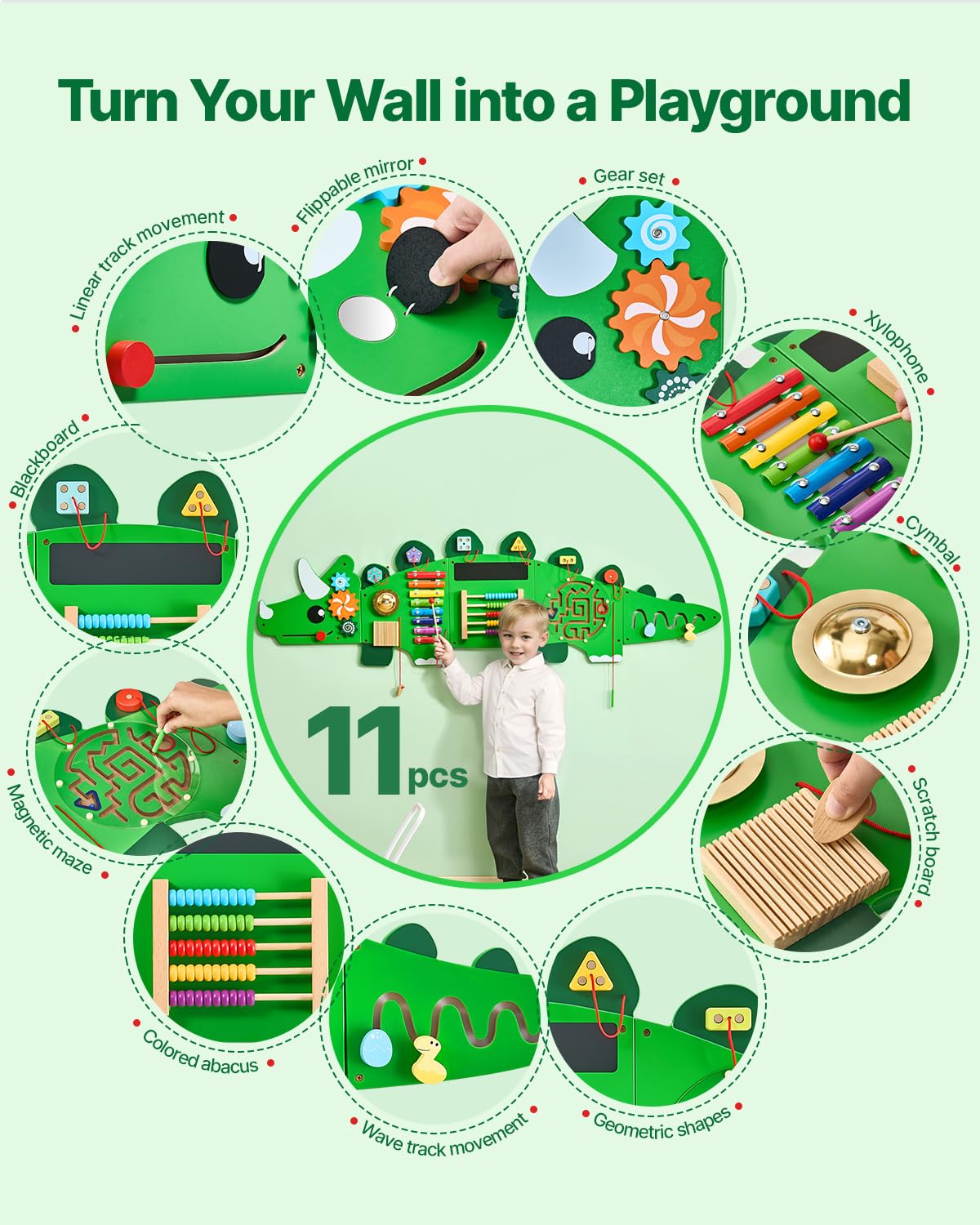 VEVOR Dinosaur Activity Busy Board Wall, 11 Activities Board, Montessori Sensory Wall Panel for Kids 3-12 Years, Sensory Activity Panel, Ideal