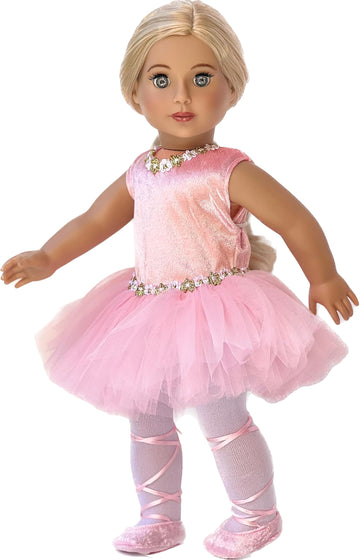 Prima Ballerina - 3 Piece Ballerina Outfit Fits 18 Inch Doll - Pink Leotard with Tutu, White Tights and Ballet Shoes (Doll Not Included)