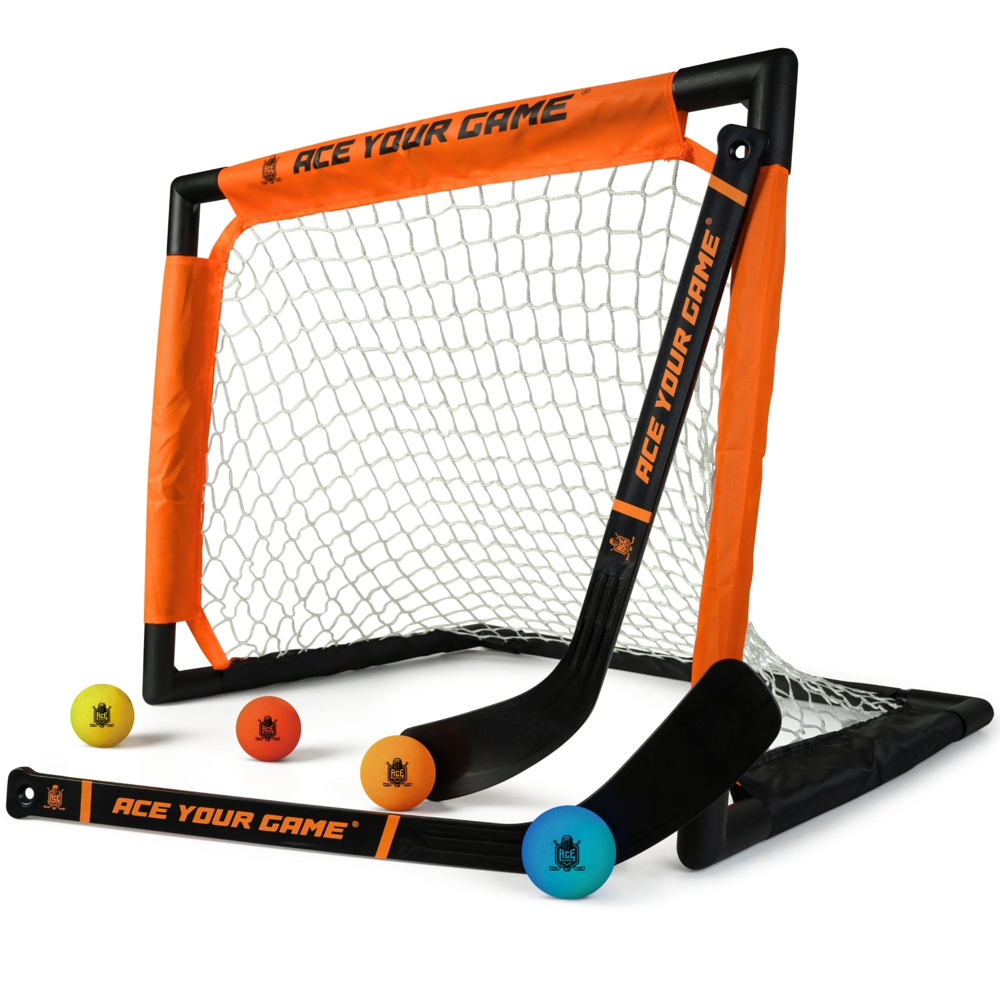 ACE HOCKEY - Shinny Hockey Set - Complete 2-Player Indoor/Outdoor Kit - Knee Hockey Goal Set (1) Goal, (2) Mini Sticks, and (4) Foam Balls - Mini