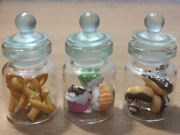 3pc Miniature Food Cookie Cake Chocolate Candy Dollhouse Donut in Clear Glass Mini Bottle Fruit Food #MF042