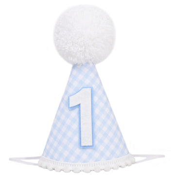 LINGANA Blue White Gingham 1st Birthday Hat - Simple One Birthday Party Decorations,First Cake Smash Photo Prop,Blue and White Plaid Cone Hat,Cute