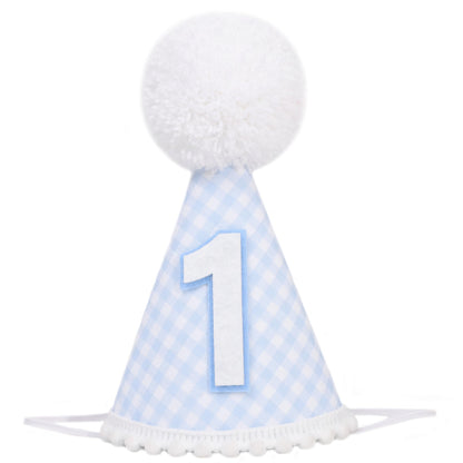 LINGANA Blue White Gingham 1st Birthday Hat - Simple One Birthday Party Decorations,First Cake Smash Photo Prop,Blue and White Plaid Cone Hat,Cute