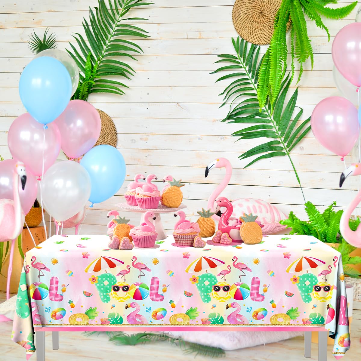 3pcs Pool Party Tablecloth Supplies, Pink Flamingo Pool Table Cover for Summer Beach Birthday Decorations Tropical Hawaiian Luau Party Supplies