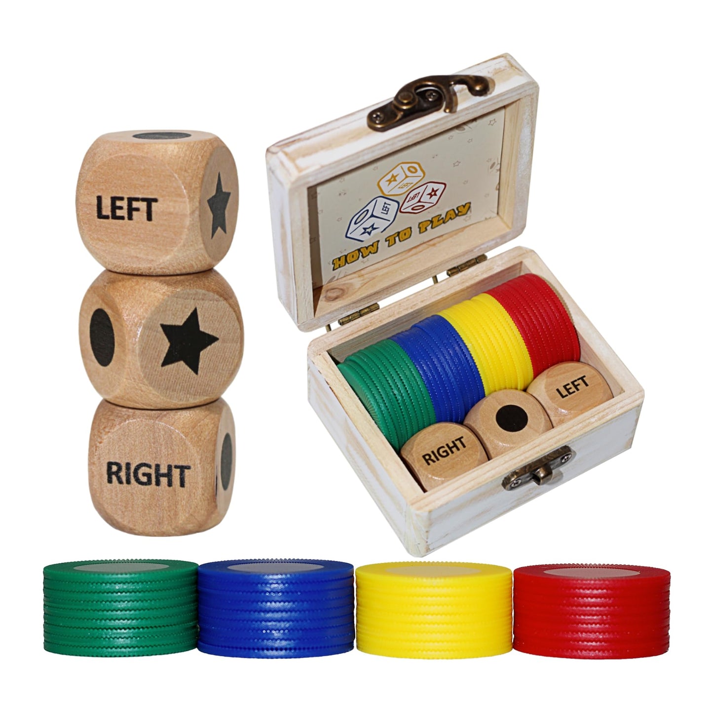 Aikgidtt Left Right Roll Dice Game Set - 3 Wood Dice & 36 Plastic Chips in Wooden Box, Fun Family Party Dice Games for Adults, Teens & Friends, White